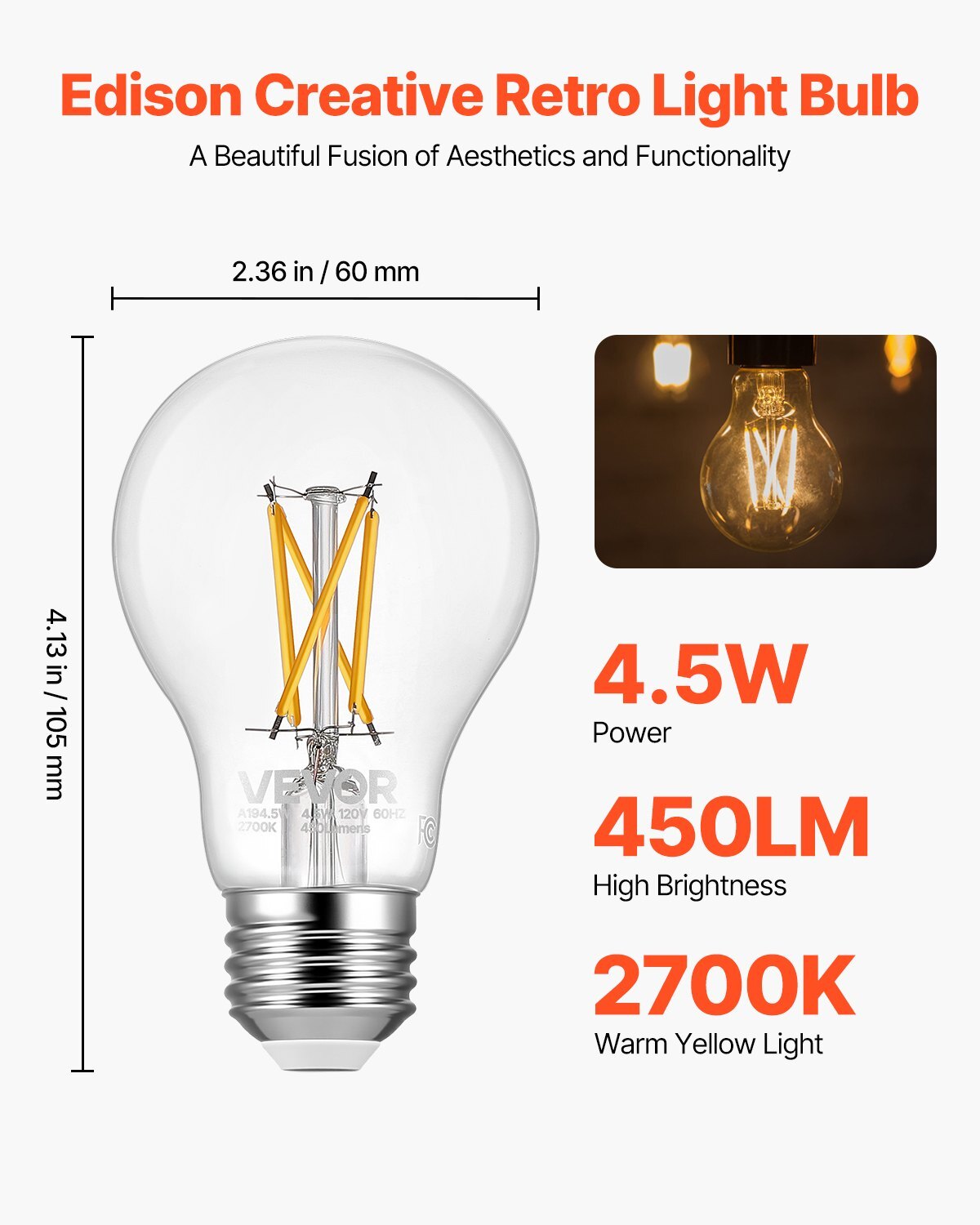 6 Pack Edison Bulbs LED, A19 Vintage Edison Light Bulbs, 4.5W Dimmable 450 Lumens, 2700K Warm White, E26 Base LED Filament Bulb, Antique Glass Style for Home, Bedroom, Office, Farmhouse,CRI80+