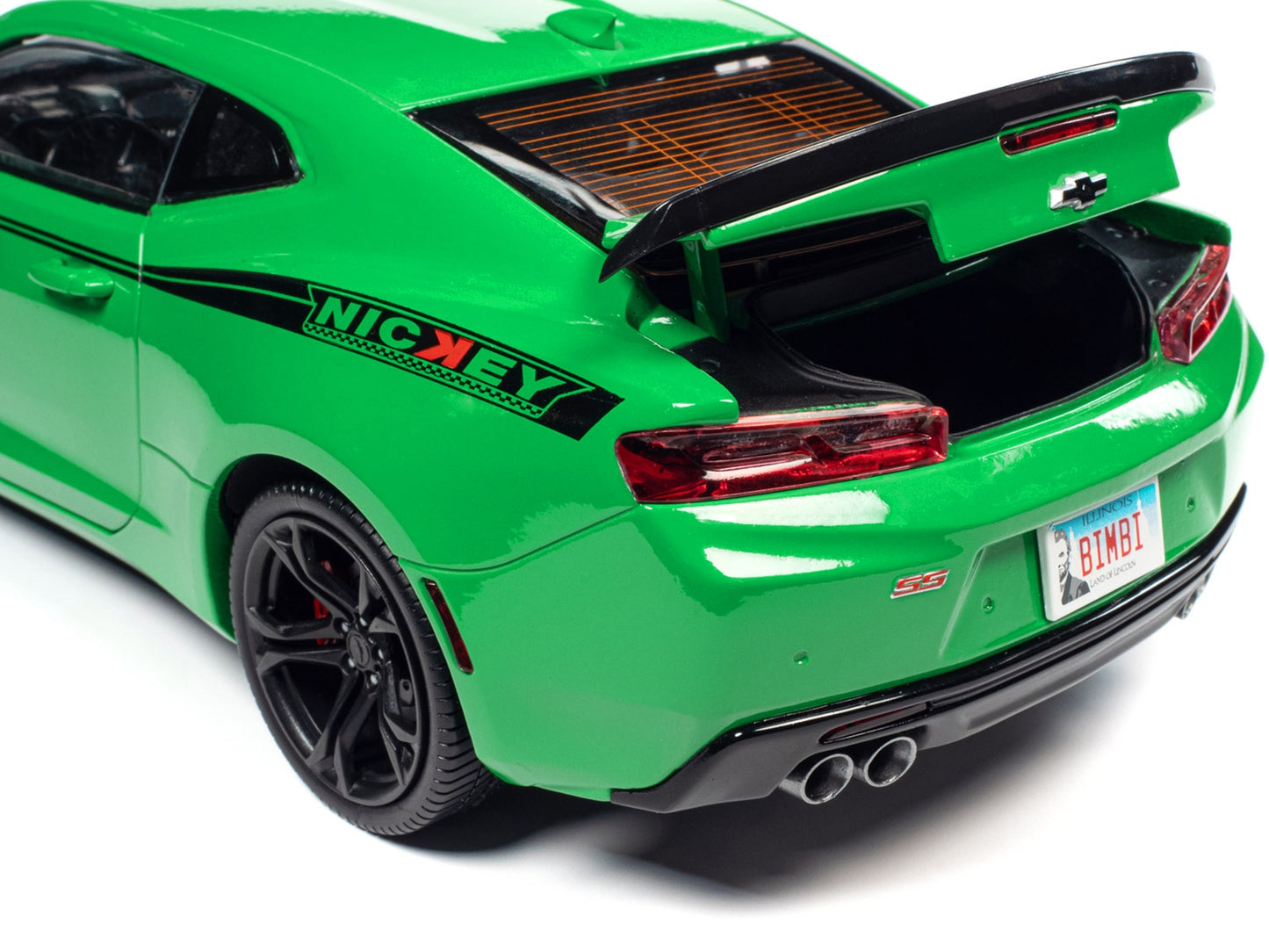 2017 Chevrolet Nickey Camaro SS 1LE diecast model car by Auto World, Krypton Green with matte black hood and black stripes.