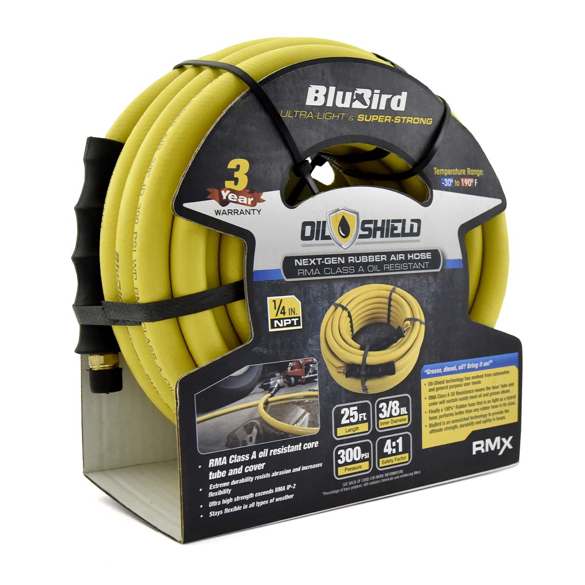 BluBird OilShield rubber air hose, 3/8 inch by 25 feet, durable flexible hose for air compressor connections.