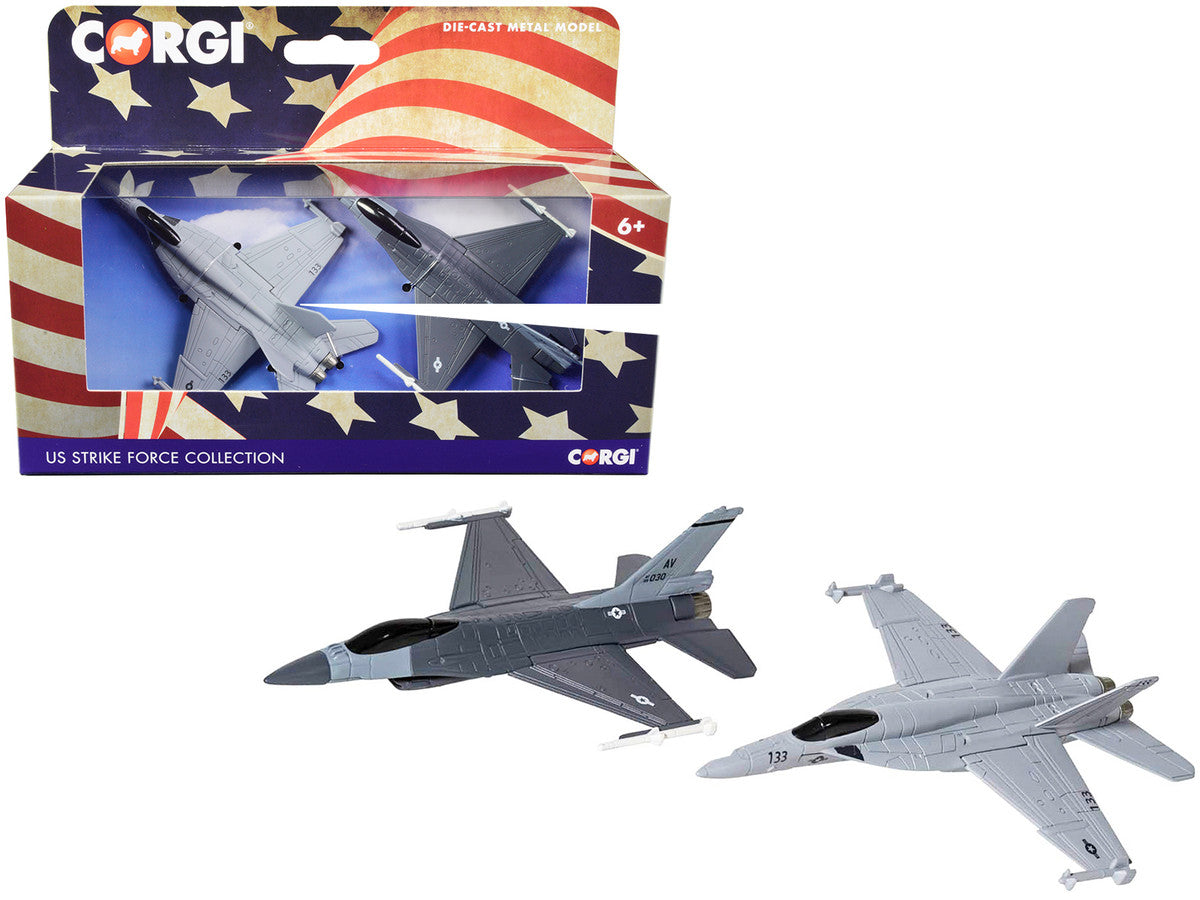 General Dynamics F-16 Fighting Falcon Fighter Aircraft and McDonnell Douglas F/A-18 Super Hornet Fighter Aircraft Set of 2 Pieces "US Strike Force Collection" Diecast Models by Corgi-2