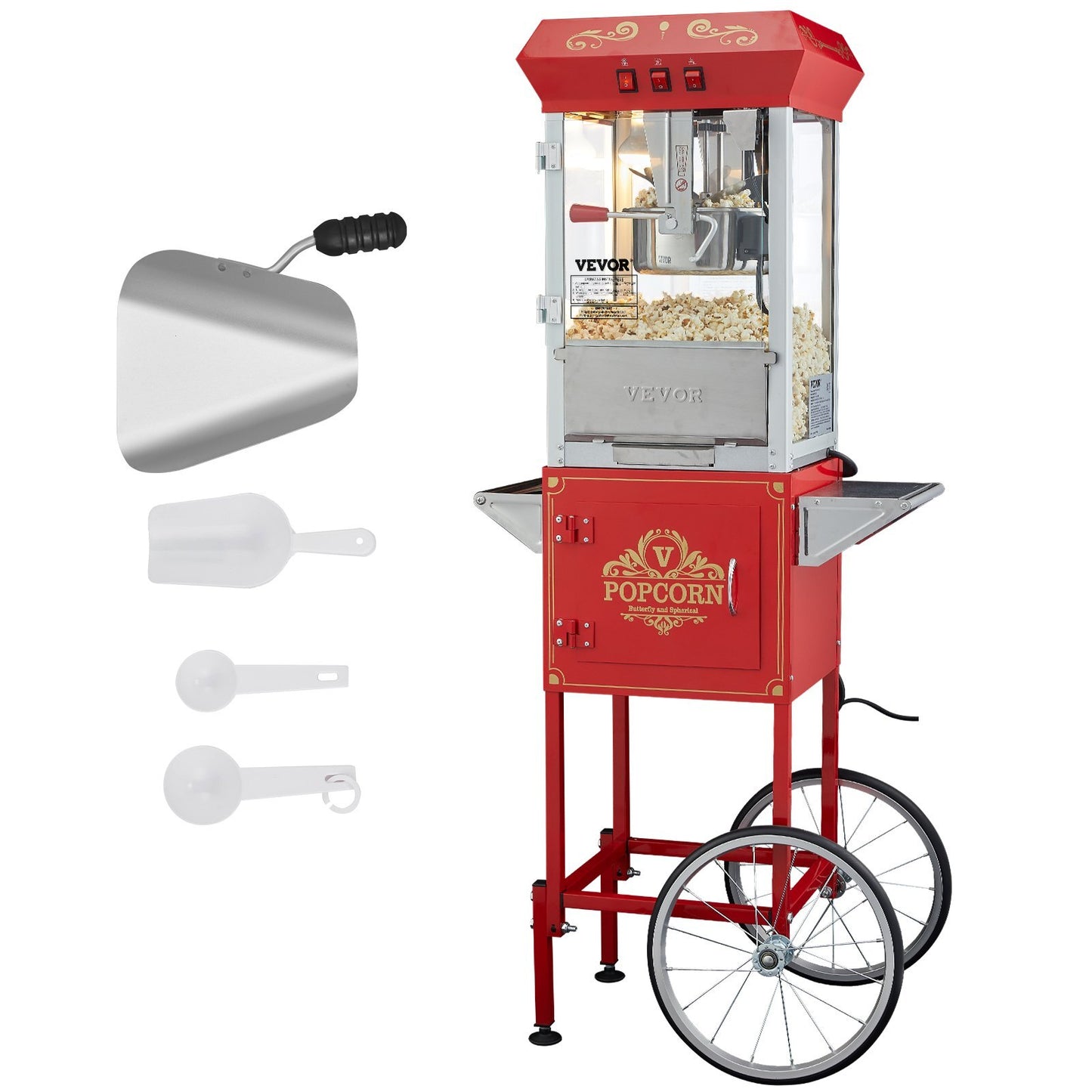Popcorn Maker with Cart, 850W Popcorn Popper Machine, 8 Oz Kettle Makes 48 Cups per Batch, Popcorn Maker Equipped with Tempered Glass, Includes 4 Scoops, Movie Theater Style, Red - American Smart