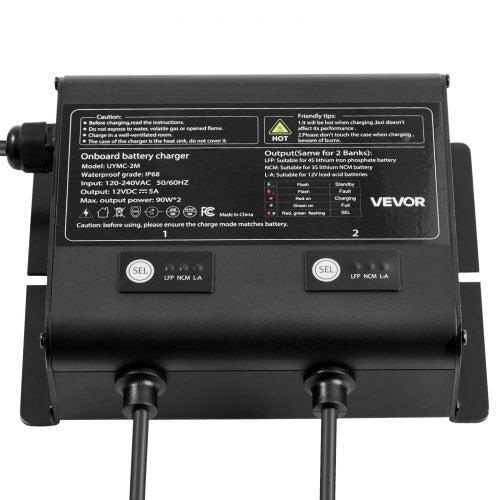 Marine Battery Charger, 2-Bank, 5A 12V Onboard Boat Charger, IP68 Waterproof Smart On-Board Battery Charger, for Lithium-Ion (LiFePO4), NCM, Lead-Acid Batteries, Large Boat, Yacht, RV, Trailer