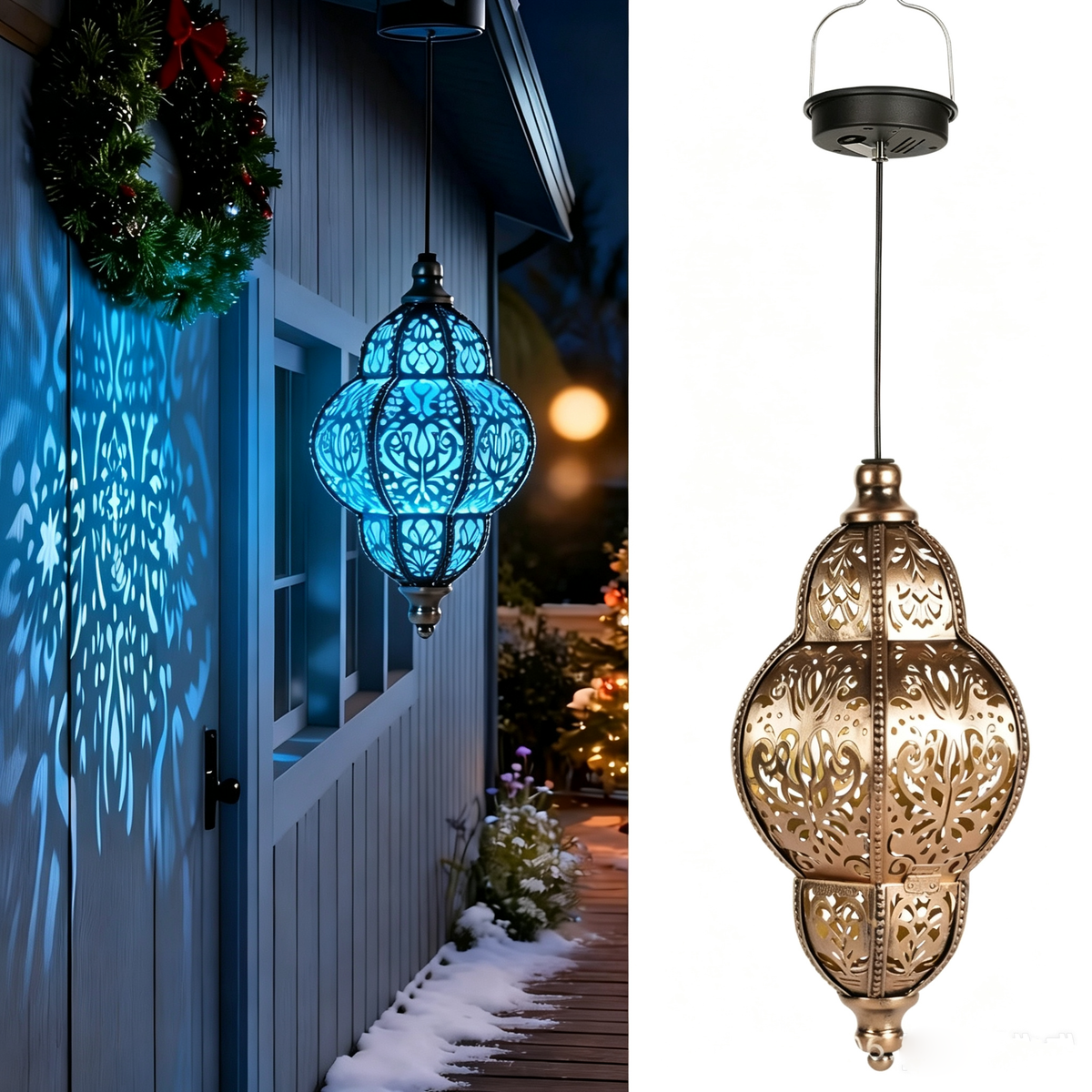 Solar powered iron hollow lantern