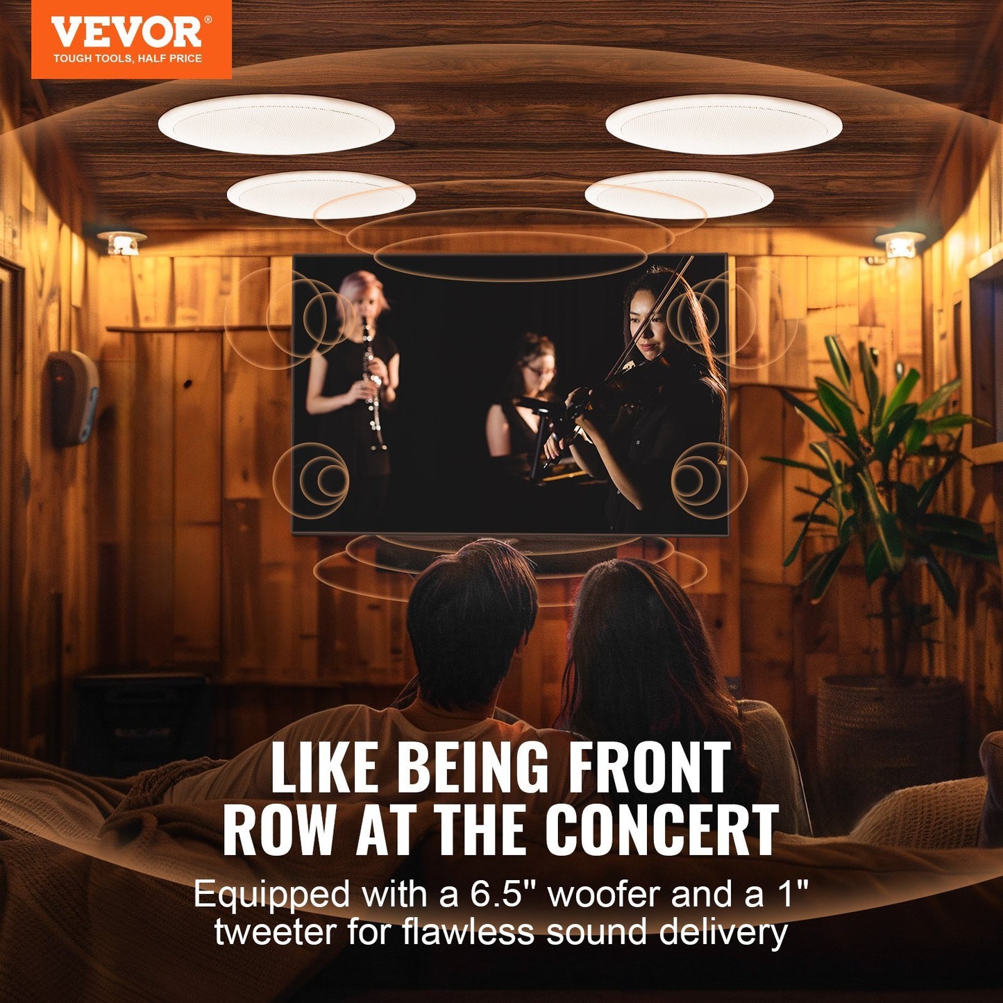 VEVOR 4-pack 6.5-inch Bluetooth in-ceiling speakers with 150W power, flush mount design, ideal for home and outdoor audio setups.