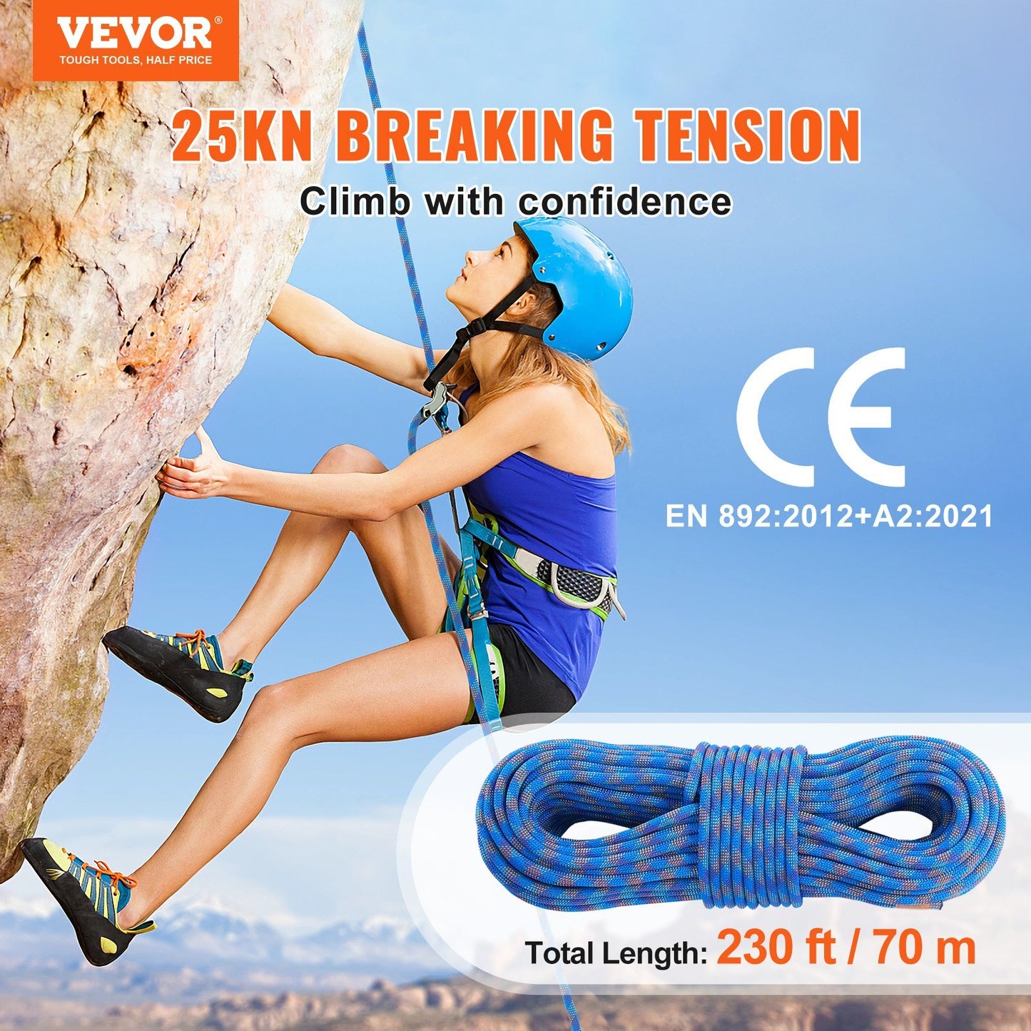10.2mm Dynamic Climbing Rope, 70M(230ft) Outdoor Rock Climbing Rope 25KN Breaking Tension, Stretchable Fiber Rope with Steel Snap Hooks for Escape, Rappelling, Fire Rescue, Blue