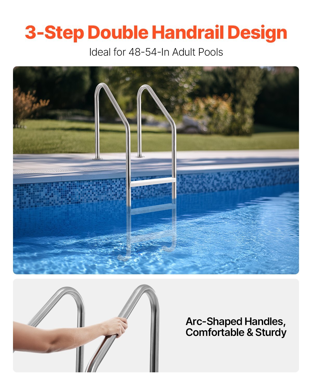 Swimming Pool Ladder, 3-Step Double Handrails Stairs with Non-slip Heavy Duty Steps, Stainless Steel Load Capacity 265 lbs, for 48-54 In Inground Pools of Any Decking Surface Indoor & Outdoor