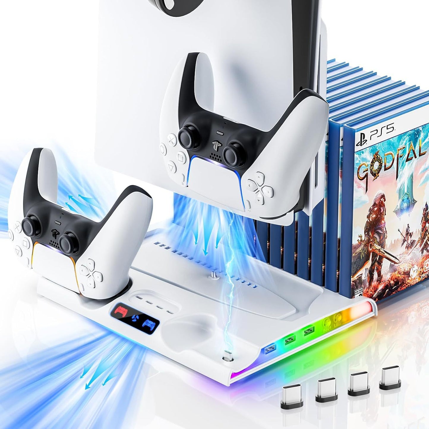 American Smart PS5 Slim dedicated charging dock with cooling fan, disc storage rack, and slim design for PlayStation 5 Slim consoles.