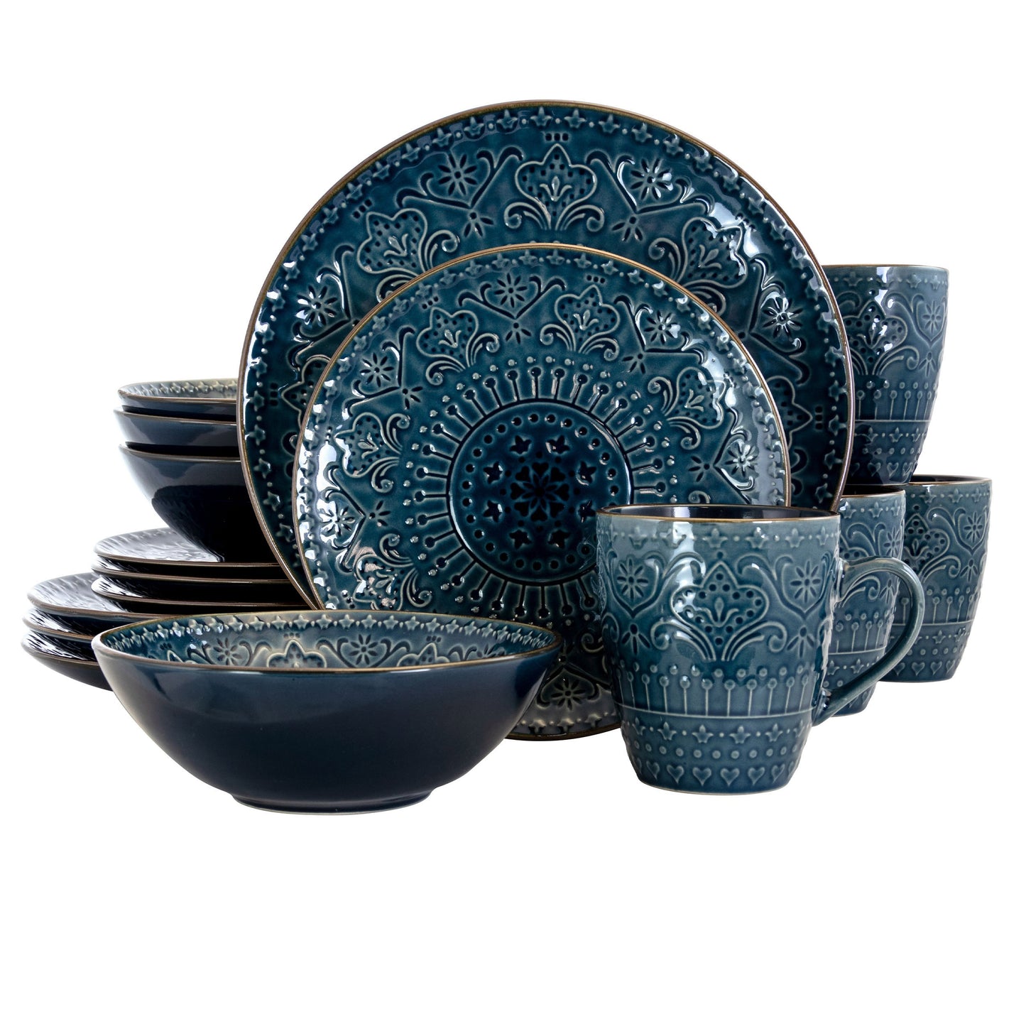 ELAMA Deep Sea Mozaic 16-piece stoneware dinnerware set with plates, bowls, and mugs for four, featuring a luxurious blue design.