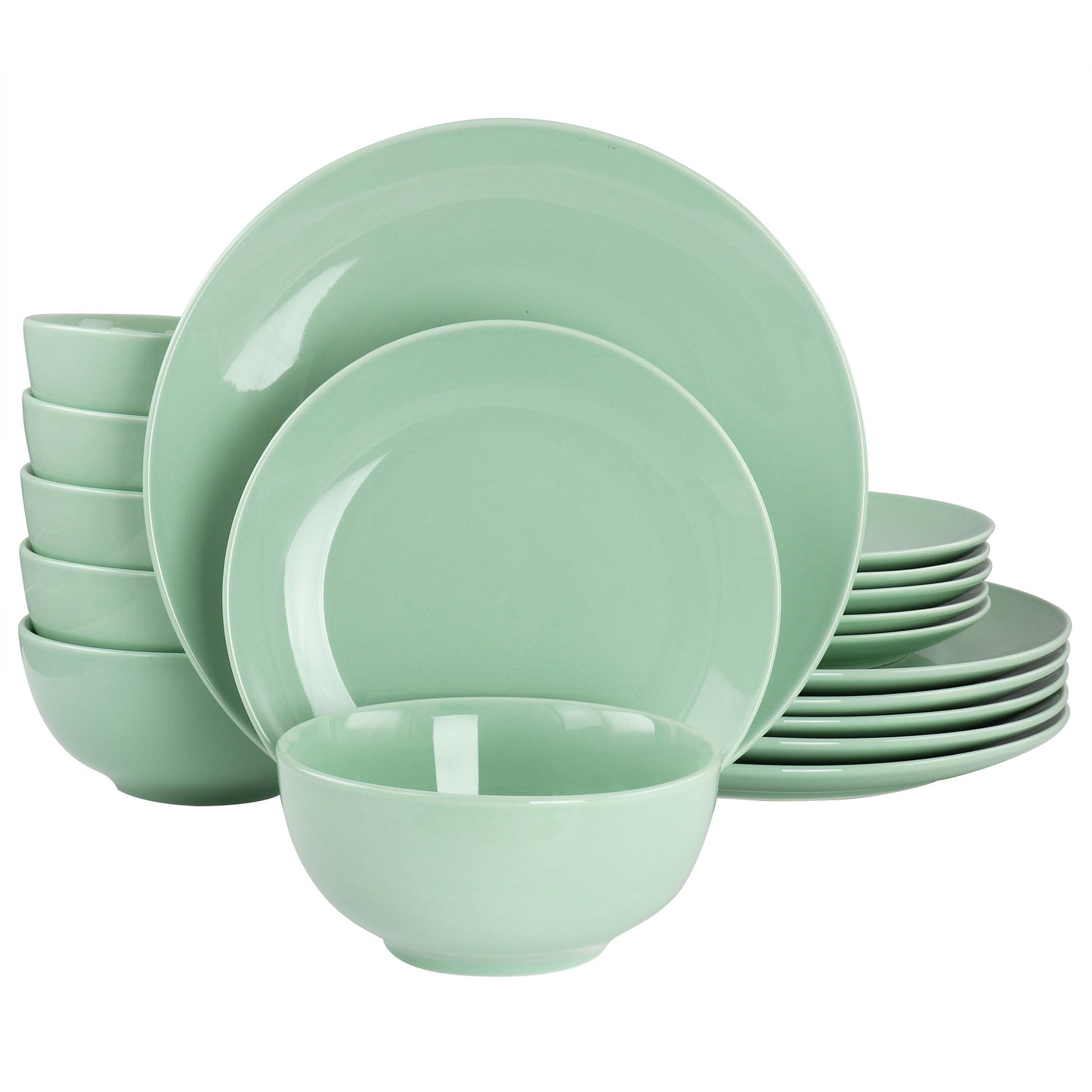 Elama Luna 18-piece porcelain dinnerware set in mint, includes plates, bowls, and mugs with elegant design.