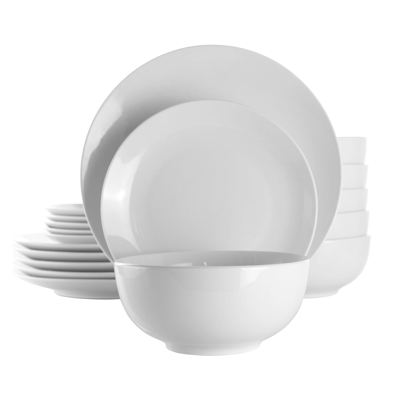 Elama Luna 18-piece porcelain dinnerware set in white, including dinner plates, salad plates, bowls, and mugs.