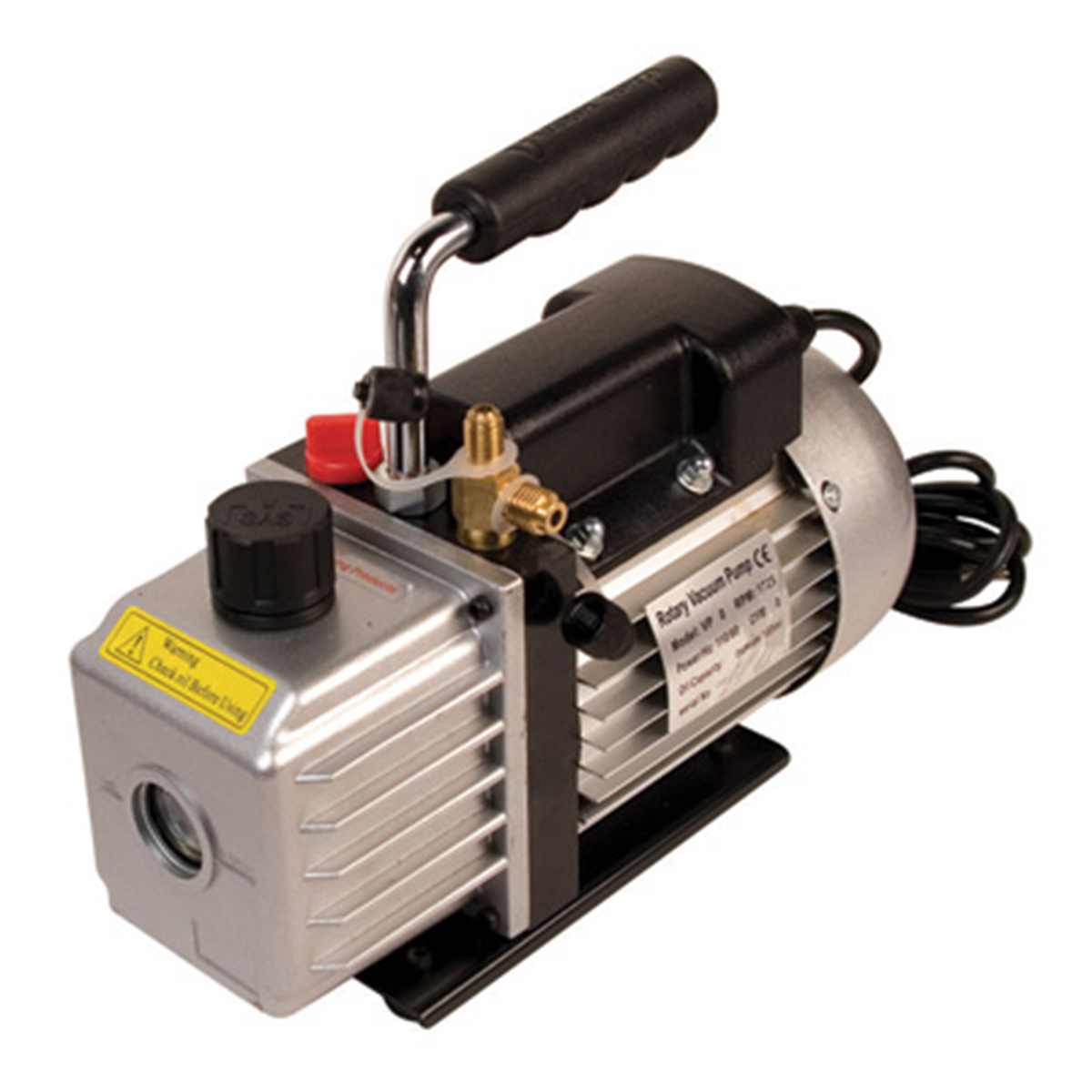 FJC 5.0 CFM AC vacuum pump with digital gauges, black metal body, and sturdy handles for industrial refrigeration and HVAC use.
