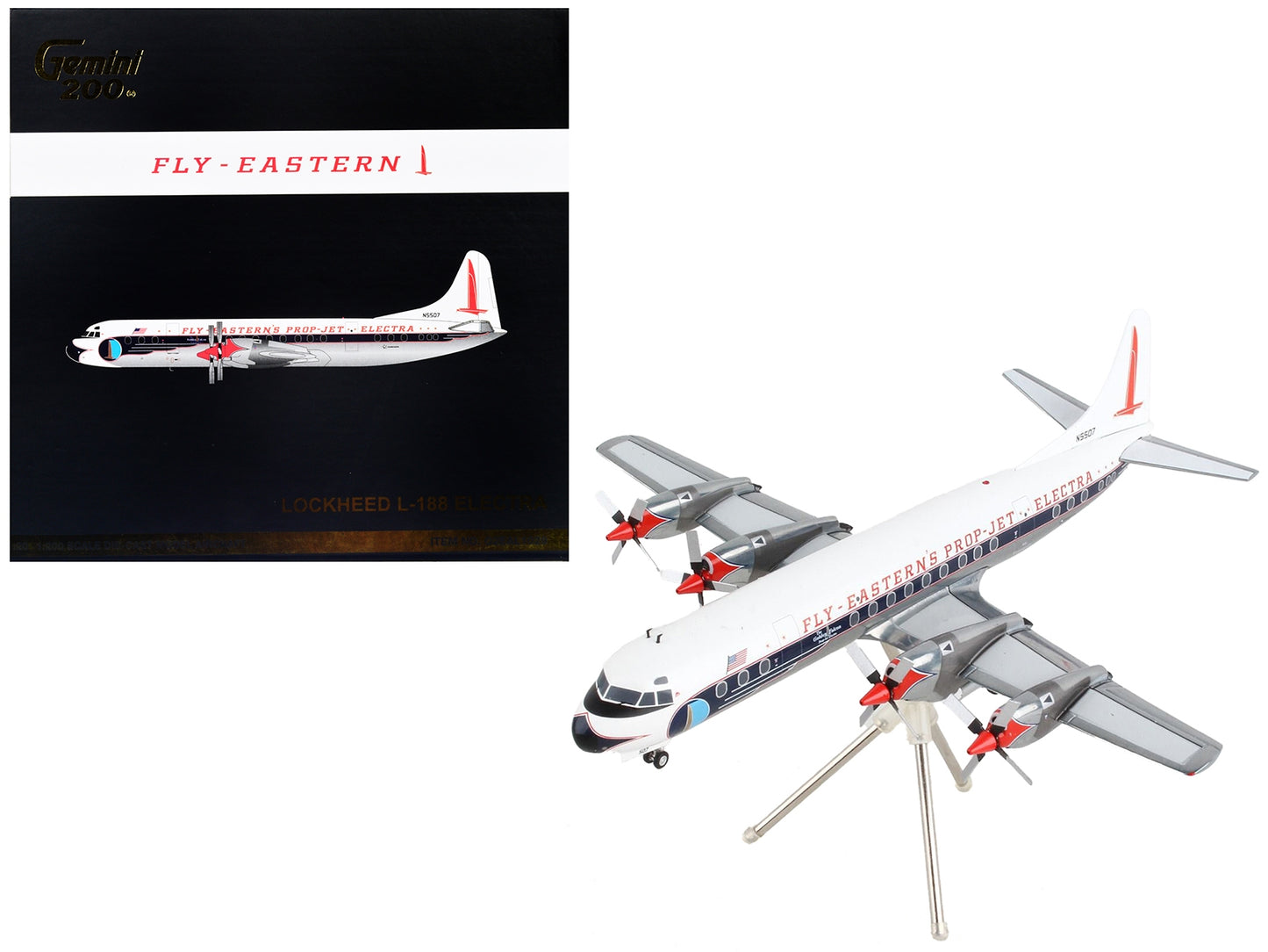Lockheed L-188 Electra model airplane by GeminiJets, white with blue stripes, detailed 1/200 diecast aircraft of Eastern Air Lines.