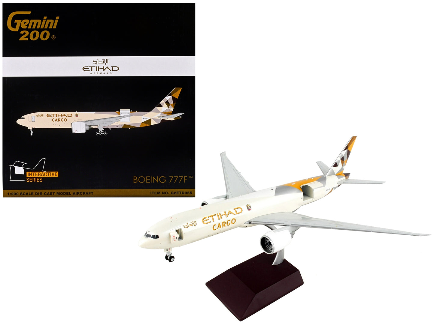 Boeing 777F cargo aircraft model by GeminiJets with Etihad Airways Cargo beige livery and tail graphics, 1/200 scale diecast.
