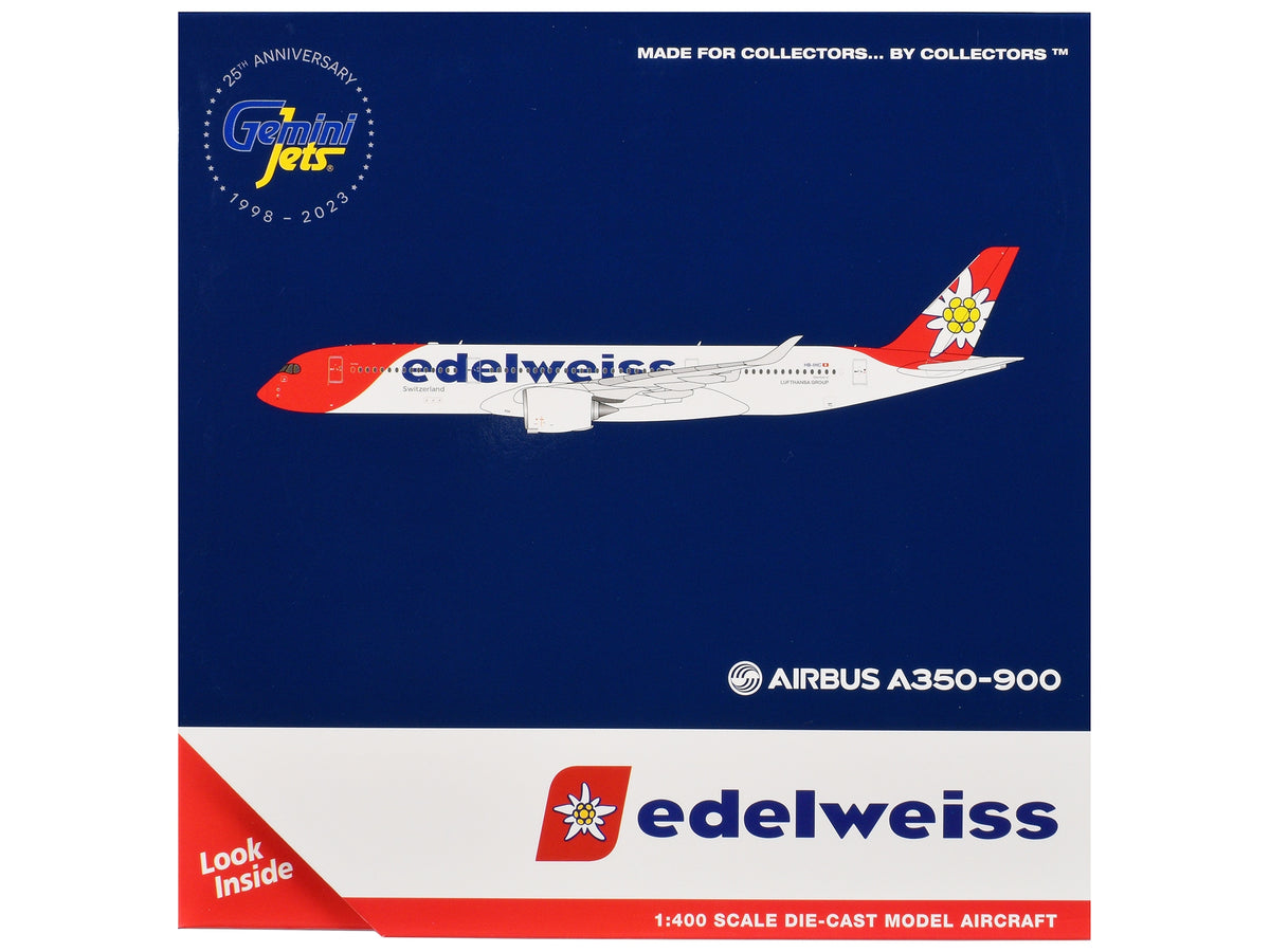 GeminiJets Airbus A350-900 Edelweiss Air diecast model airplane with flaps down, white body and red tail, 1/400 scale.