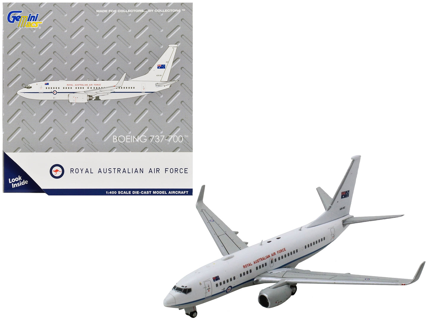 White Boeing 737-700 Royal Australian Air Force model airplane by GeminiJets with blue stripes, part of Gemini Macs Series 1/400 diecast.
