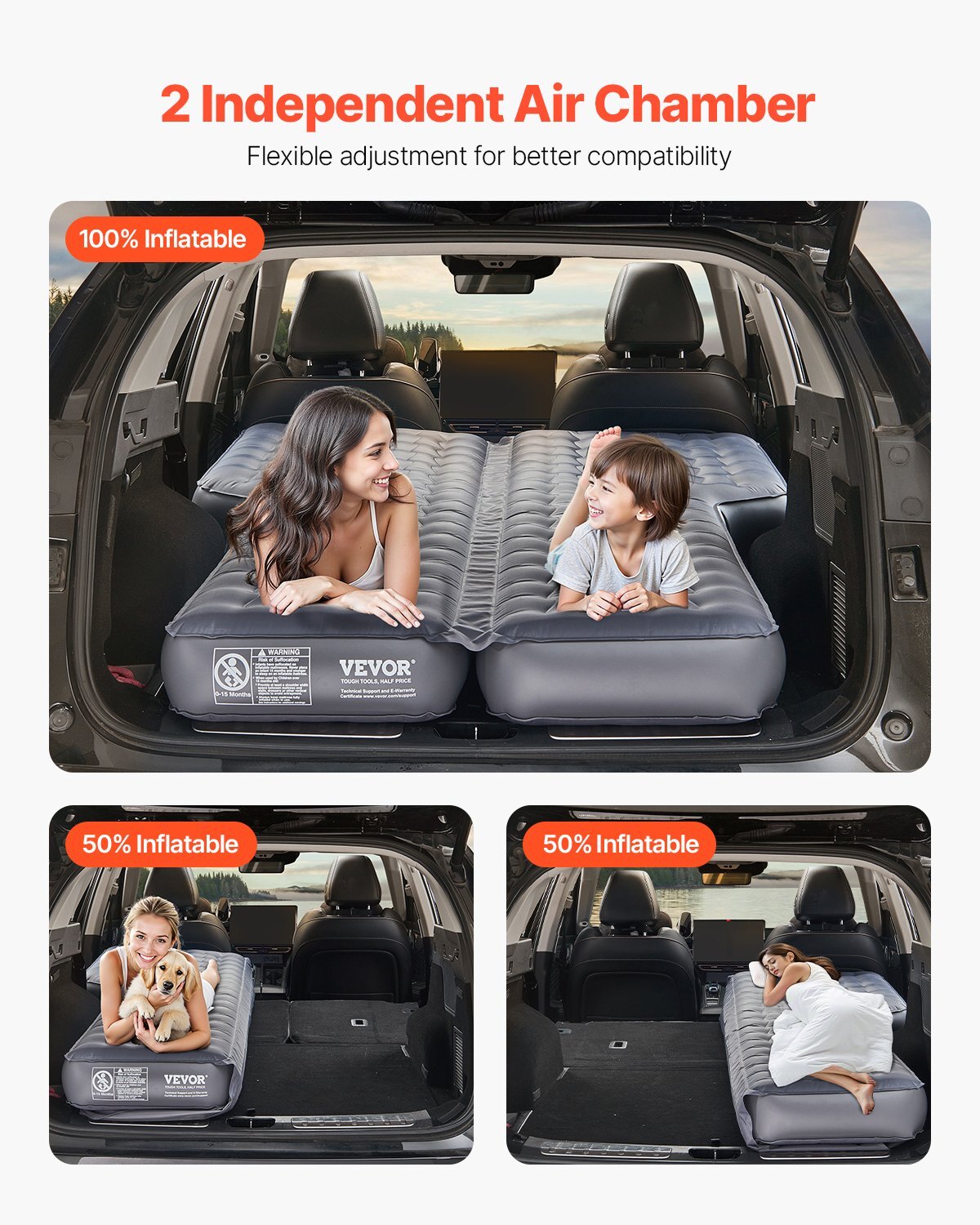 Car Air Mattress, Inflatable Car Camping Mattress, Oxford Thickened Travel Beds, Comfortable and Durable Portable Sleeping Pad with Air Pump, Nozzle, Carry Bag, Fits Most SUV MPV Sedan, Gray
