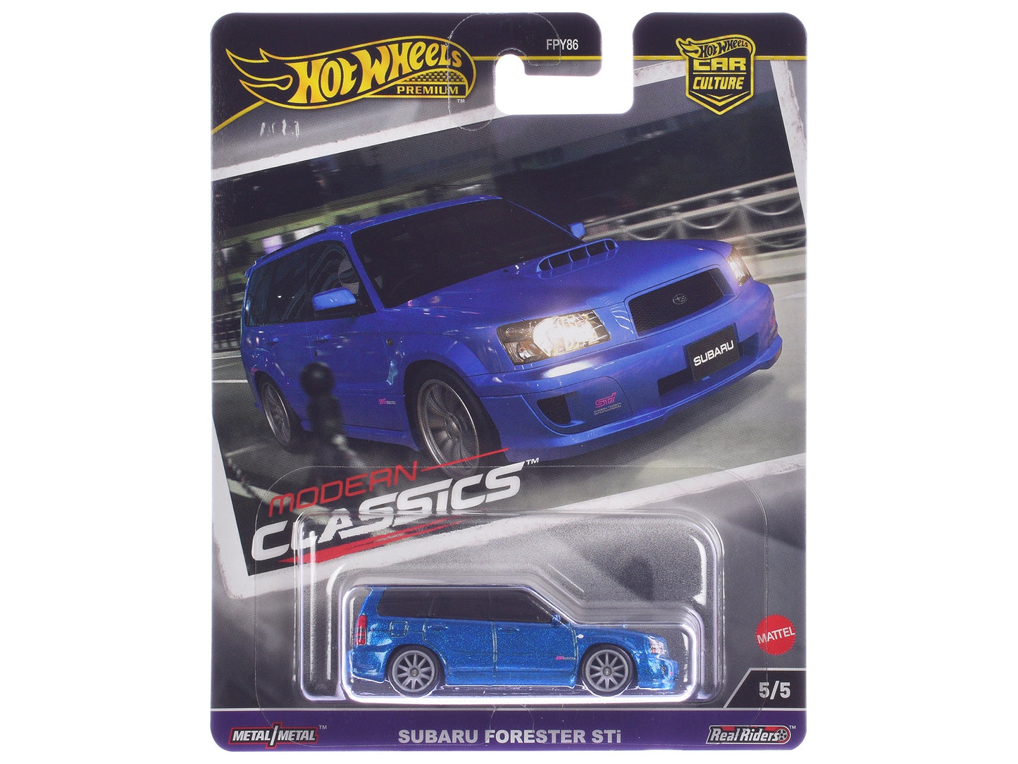 Blue metallic Subaru Forester STi diecast model car by Hot Wheels from the Modern Classics series, detailed and collectible.