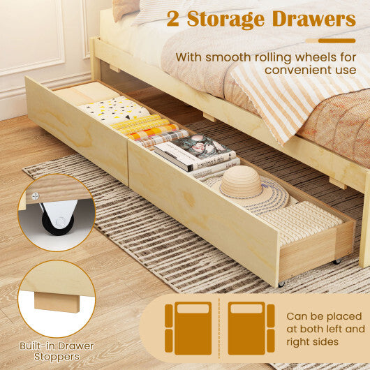 Full Size Wooden Bed Frame with 2 Rolling Storage Drawers-Natural - Color: Natural - Size: Full Size