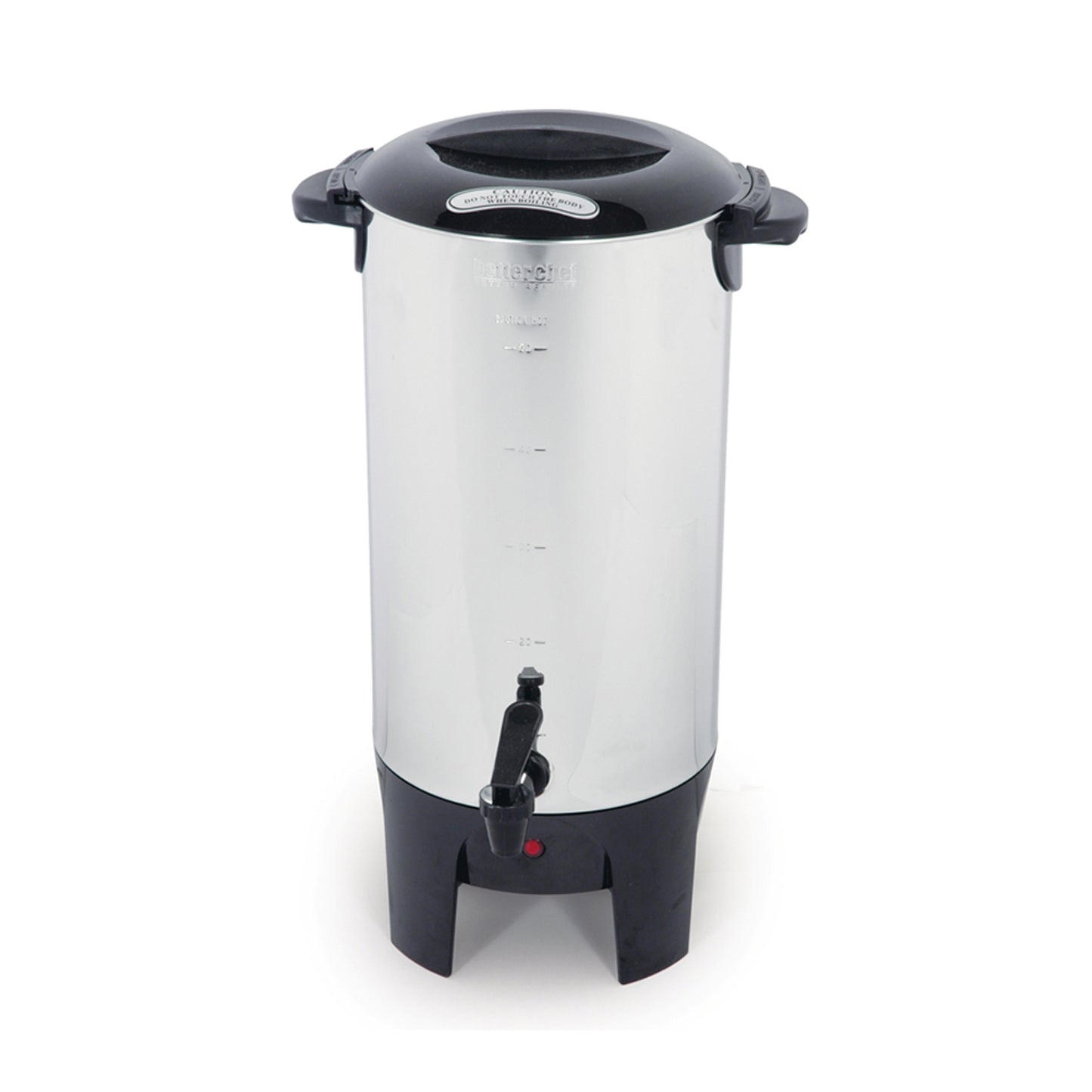 Better Chef 10-50 cup coffeemaker in a kitchen setting, showcasing the large, black and stainless steel appliance with brewing basket