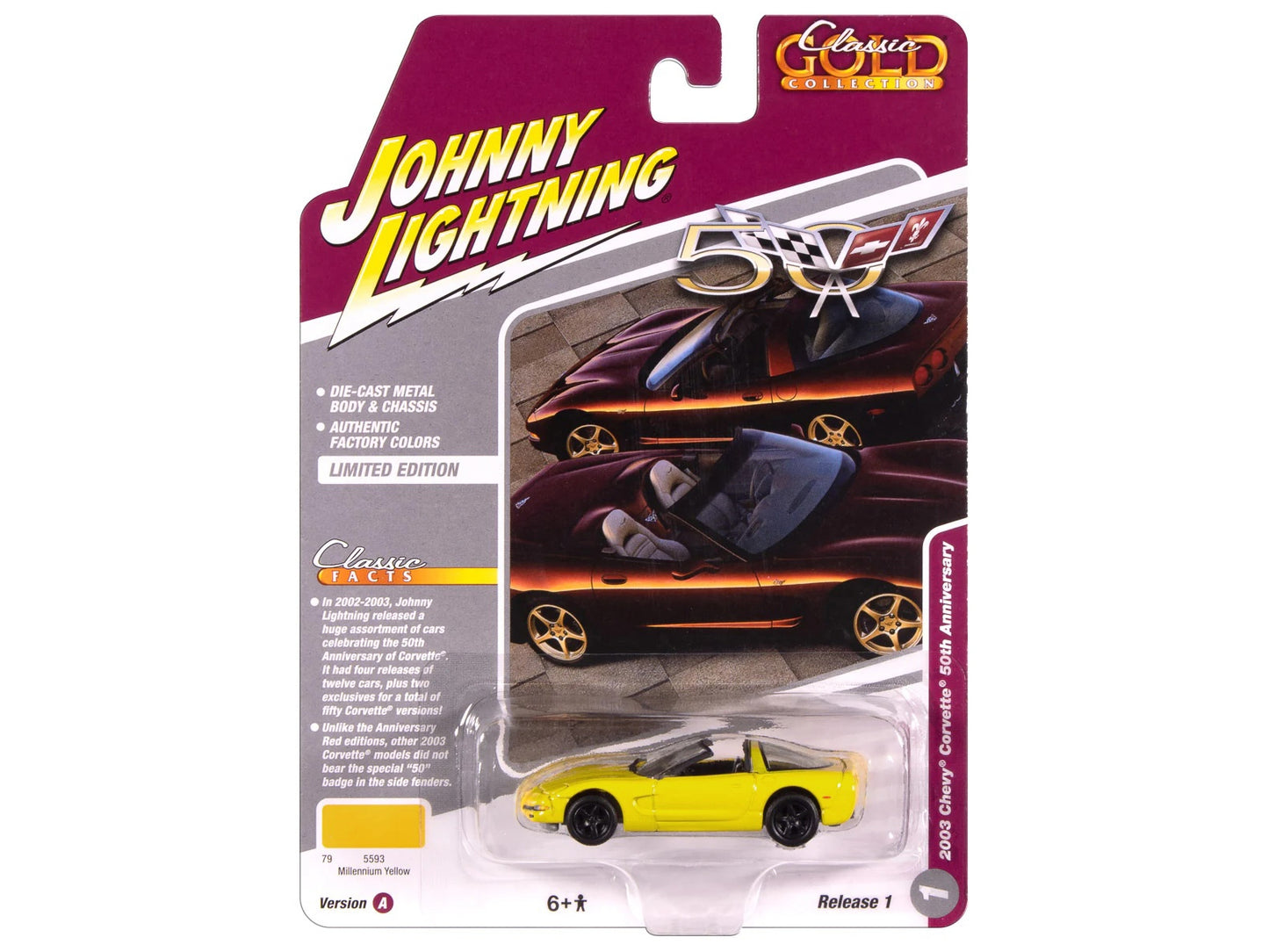 2003 Chevrolet Corvette Convertible 50th Anniversary Millennium Yellow diecast model car by Johnny Lightning, detailed collectible replica