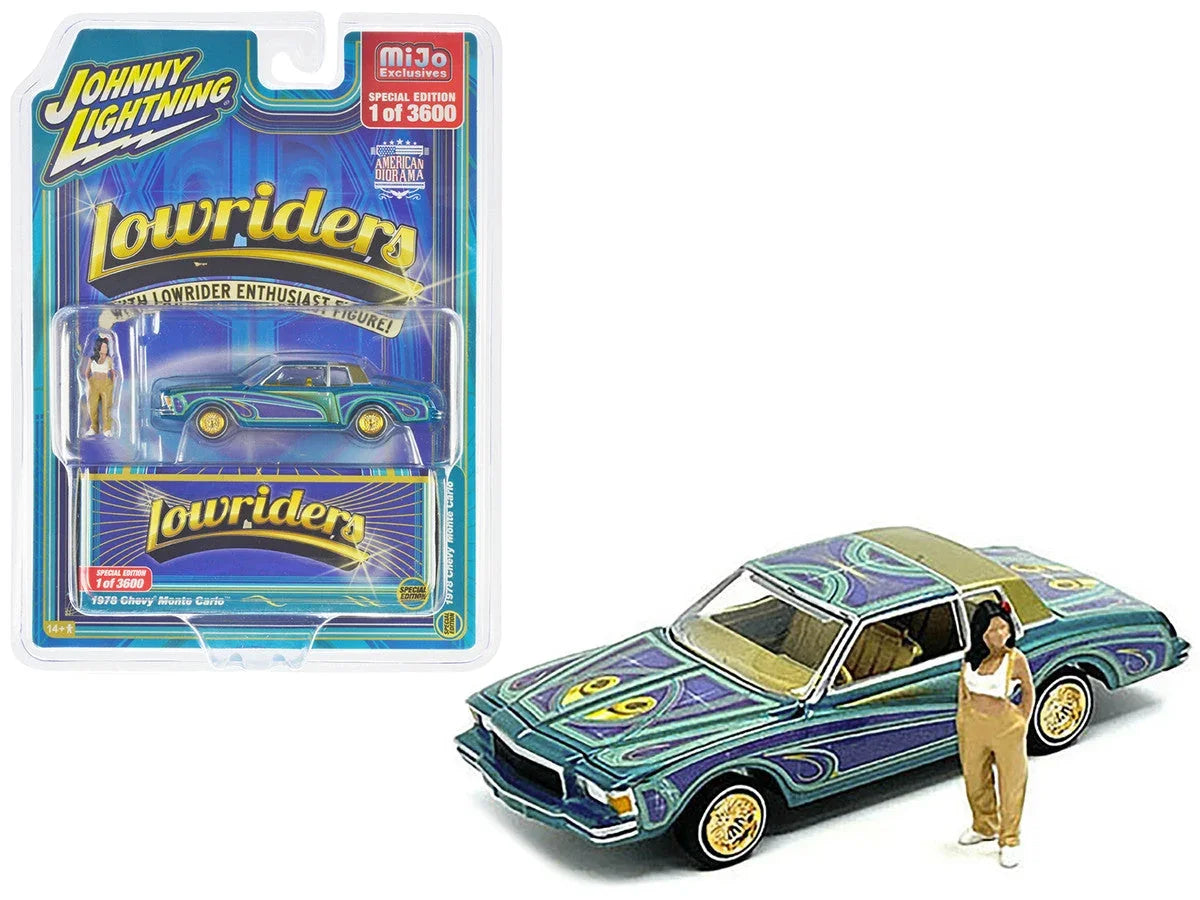 Diecast 1978 Chevrolet Monte Carlo lowrider model by Johnny Lightning, blue metallic with graphics and gold interior, limited edition.