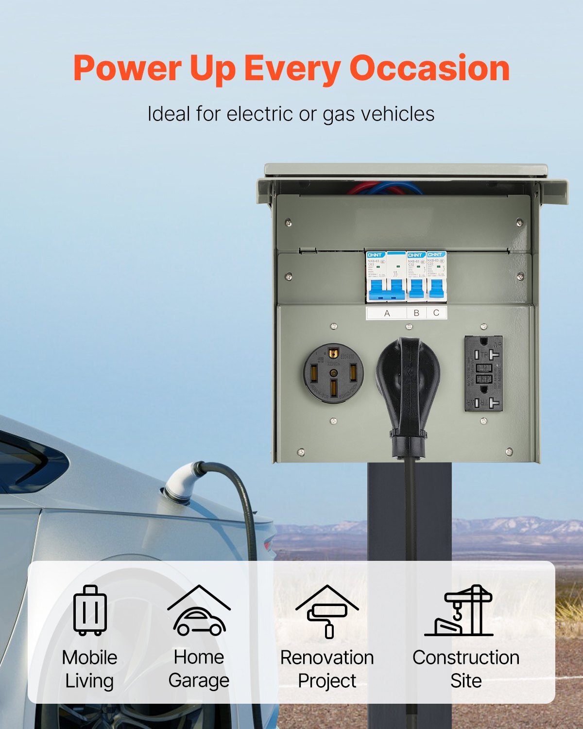 Temporary Power Outlet Panel, 20 30 50 Amp, RV EV Electrical Outlet Panel, with NEMA 50 Amp NEMA 30 Amp GFCI 20 Amp Receptacle Installed, Pre-Wired IP54 Weatherproof Box, for RV Camper Motorhome