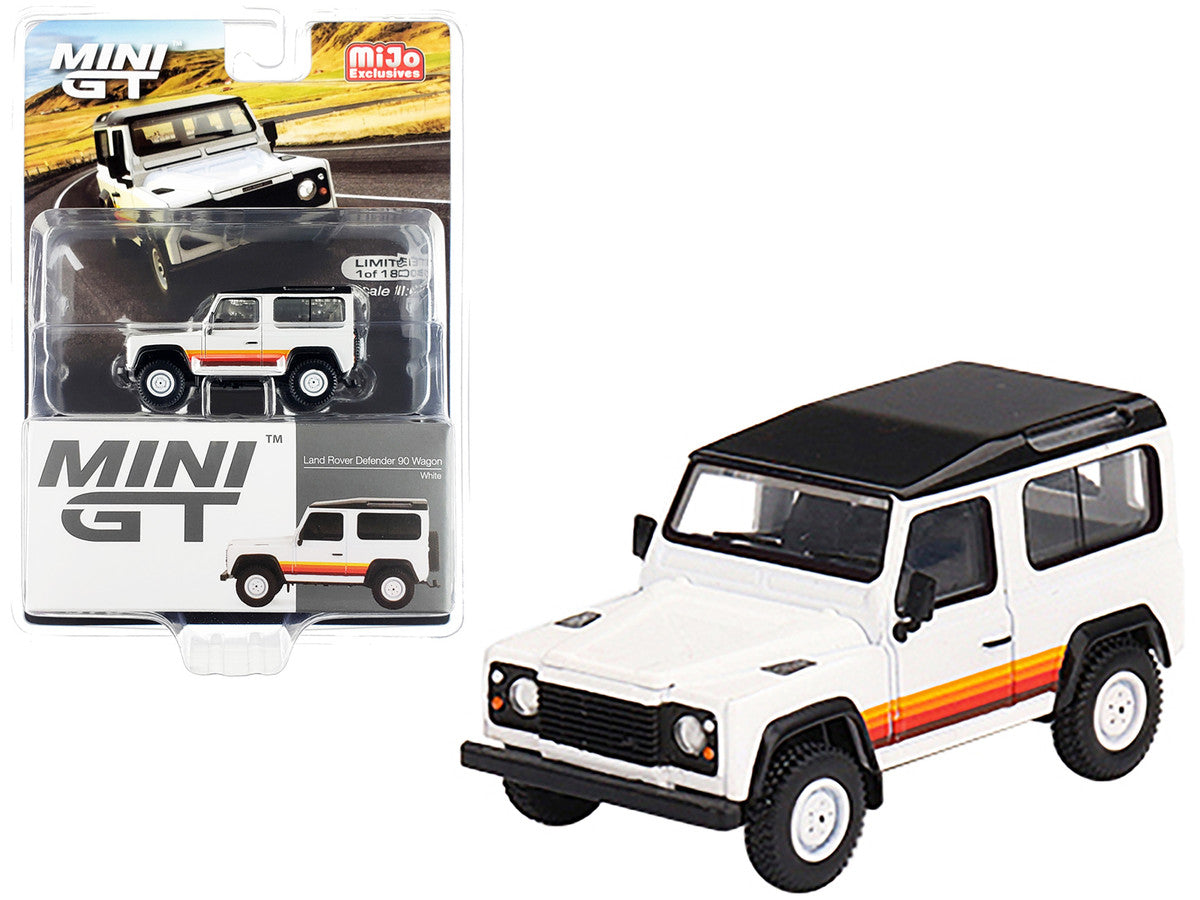Land Rover Defender 90 Wagon White with Black Top and Stripes Limited Edition to 1800 pieces Worldwide 1/64 Diecast Model Car by Mini GT-0