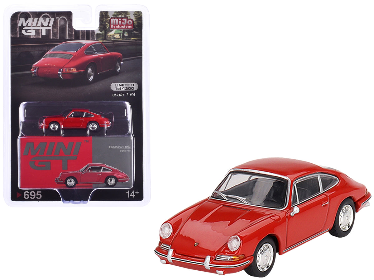 Mini GT 1963 Porsche 901 Signal Red 1/64 diecast model car, limited edition to 4200 pieces worldwide, detailed collectible.