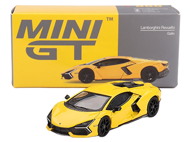 Yellow Lamborghini Revuelto Giallo 1/64 diecast model car by Mini GT, detailed Lamborghini model collectible.