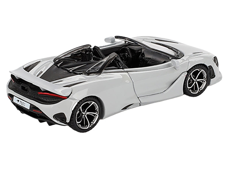 Mini GT McLaren 750S Spider diecast model car in Cirrus Gray, limited edition 1/64 scale, detailed miniature vehicle.