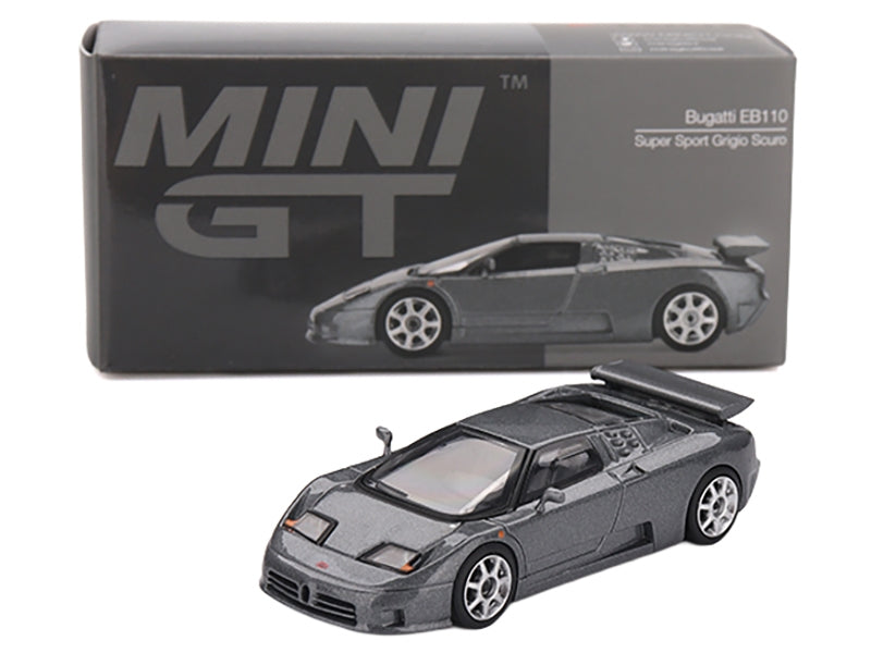 Mini GT Bugatti EB110 Super Sport diecast model car in dark gray metallic, limited edition 1/64 scale.