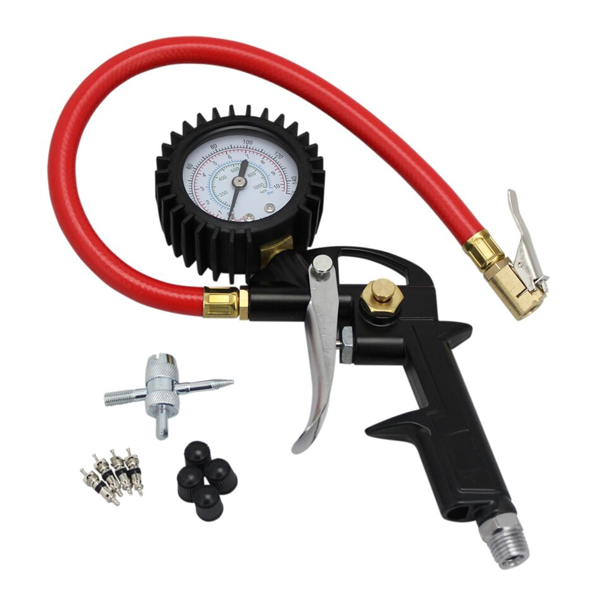 Milton Industries 10-piece pistol analog air gauge kit with inflators and chucks for tire and pressure testing.