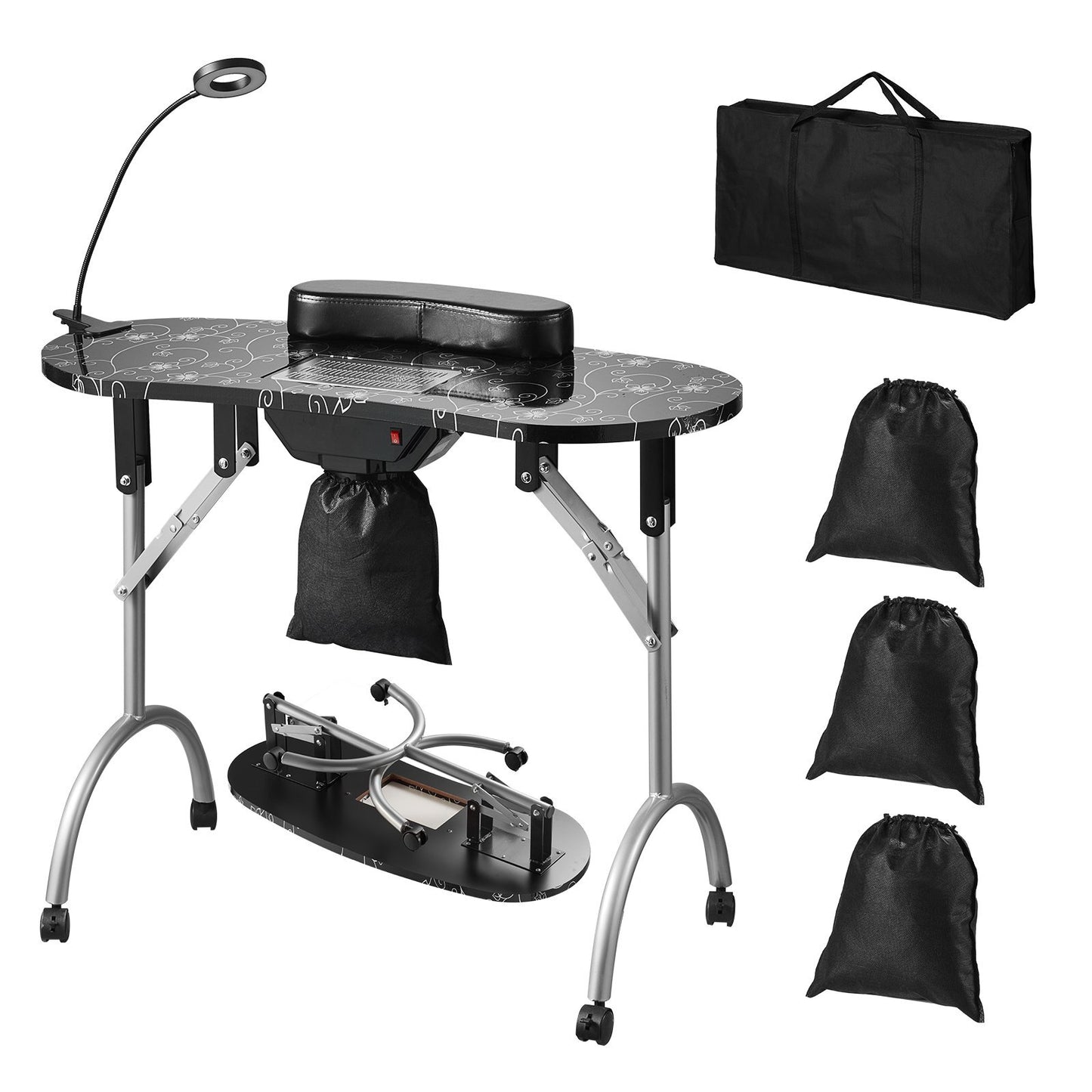 Portable Manicure Table, Foldable Nail Table with Electric Dust Collector, Moveable Nail Tech Desk & 4 Wheels, 3 Dust Bags, Bendable LED Lamp, MDF Nail Art Workstation for Home Spa Beauty Salon
