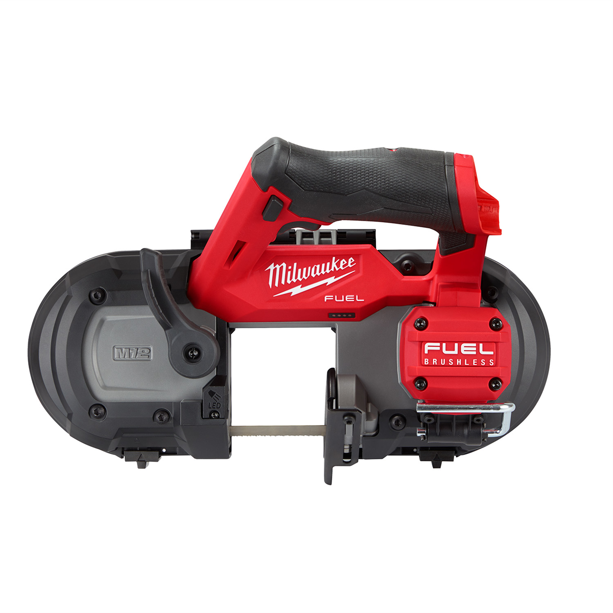 Milwaukee Tool M12 FUEL Compact Band Saw bare tool with black handle and silver blade, suitable for metal cutting tasks.