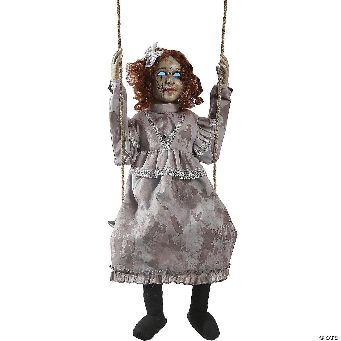 Large animated swinging decrepit doll prop by American Smart, with torn clothing and a haunting, decayed appearance for spooky displays.