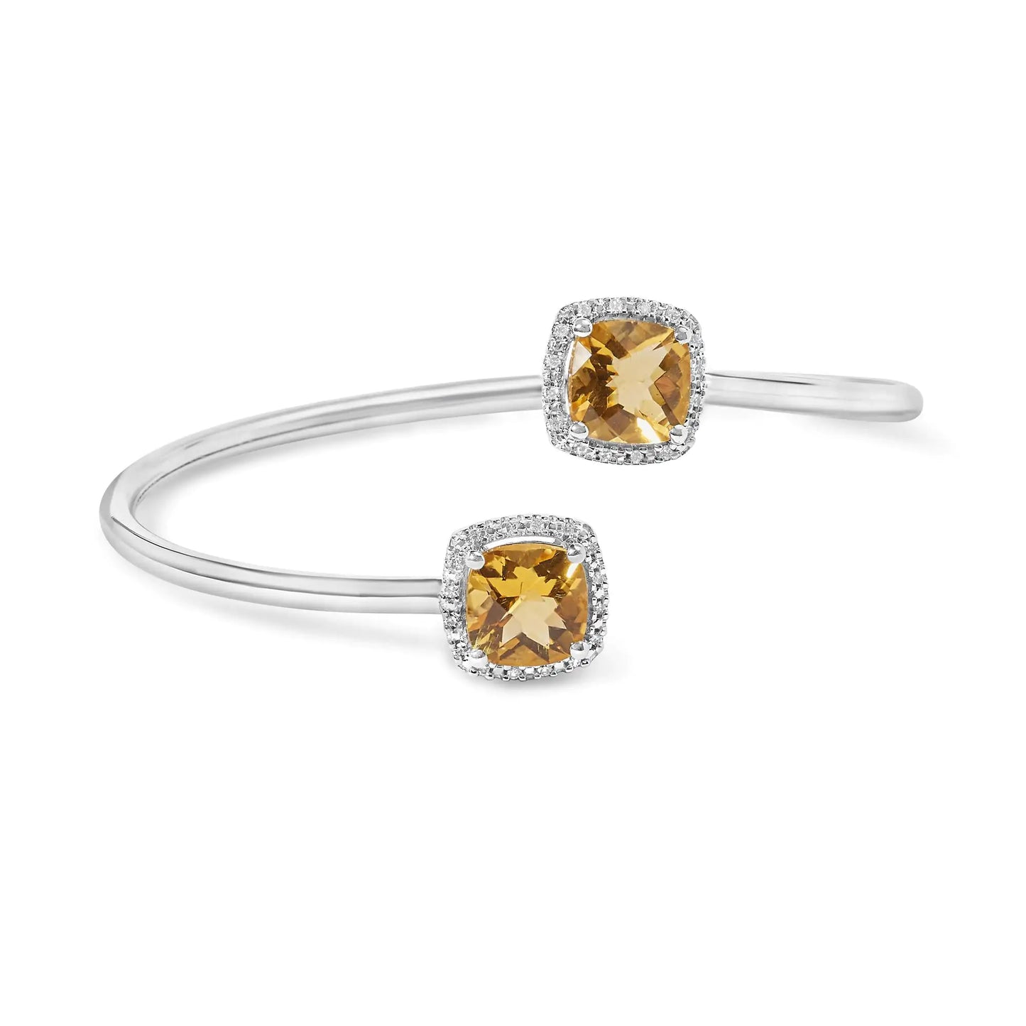 .925 Sterling Silver 8mm Cushion Cut Yellow Citrine Gemstone and Diamond Accent Split Bypass Bangle Bracelet (H-I Color, SI1-SI2 Clarity) - Fits up to 7.75" Inches