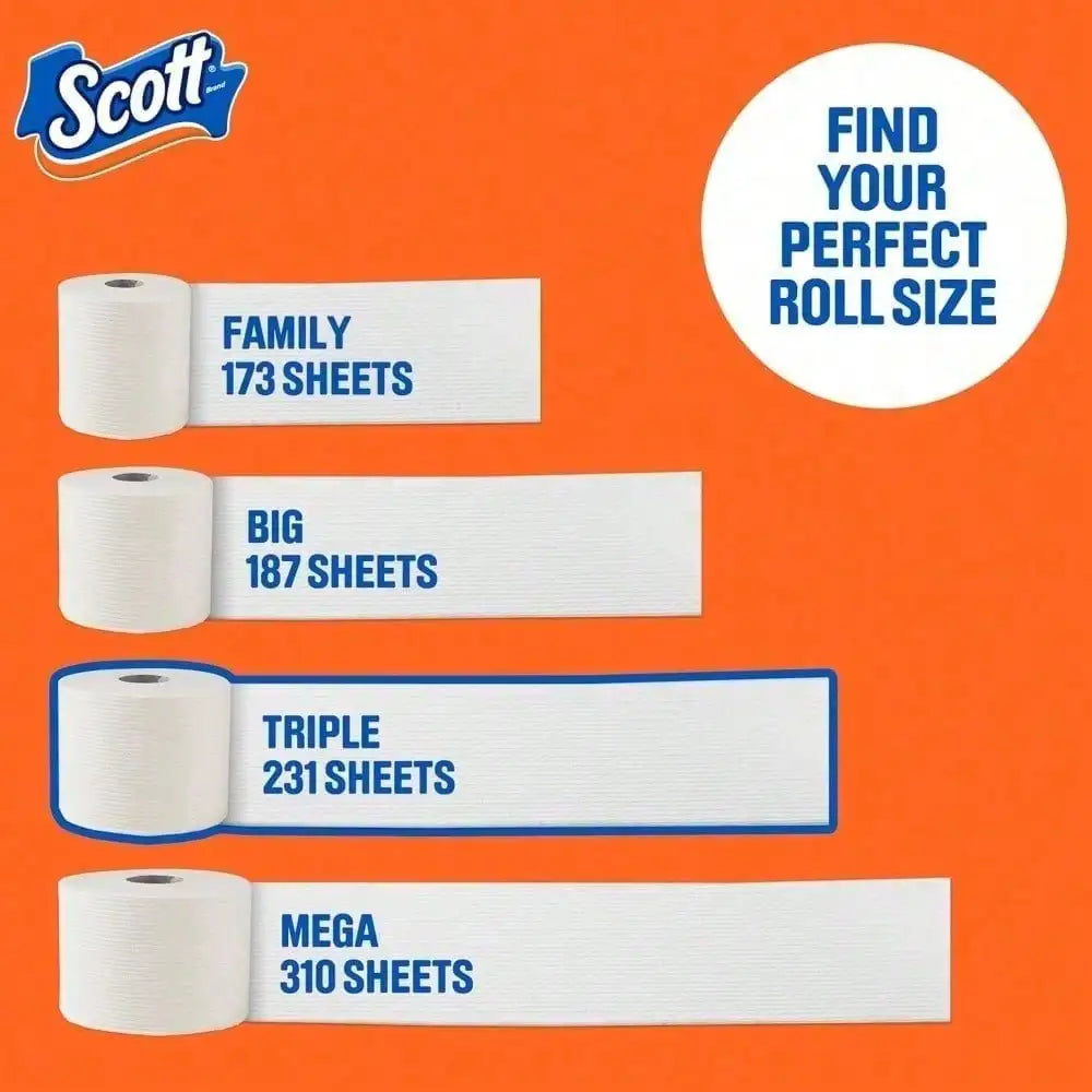 Scott ComfortPlus Toilet Paper, Thickened Family Large Capacity Pack. Available in 12/36/48 rolls, with double-ply & single-ply options. 12 double rolls equal to 24 regular rolls, 231 soft absorbent sheets per roll. Septic &