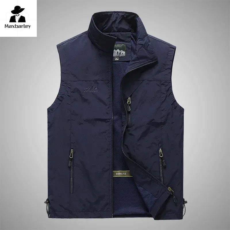 Color: Beige, Size: XXS - Autumn Men Waistcoat Outdoor Leisure Solid Sleeveless Jacket Young Middle-aged Photography Fishing Casual Vest Male summer