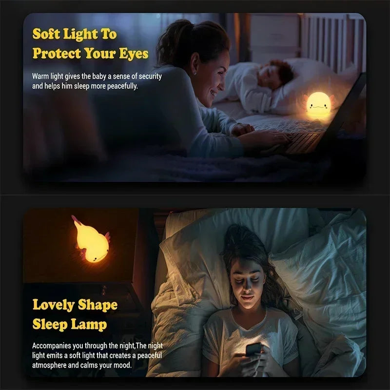Cute Axolotl Night Light Silicone Nursery Sleeping Lamp Touch Control Nightlights USB Rechargeable Table Lamp for Child