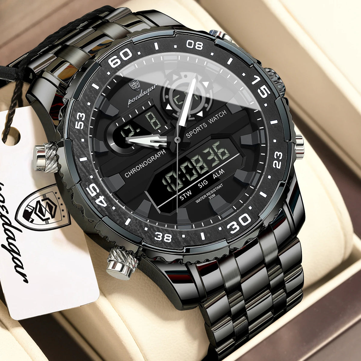 POEDAGAR Functional Electronic Man Wristwatch Week Date LED Luminous Oversized Fashion Quartz Men Watch Dual Time Digital Military Men's Watches Reloj