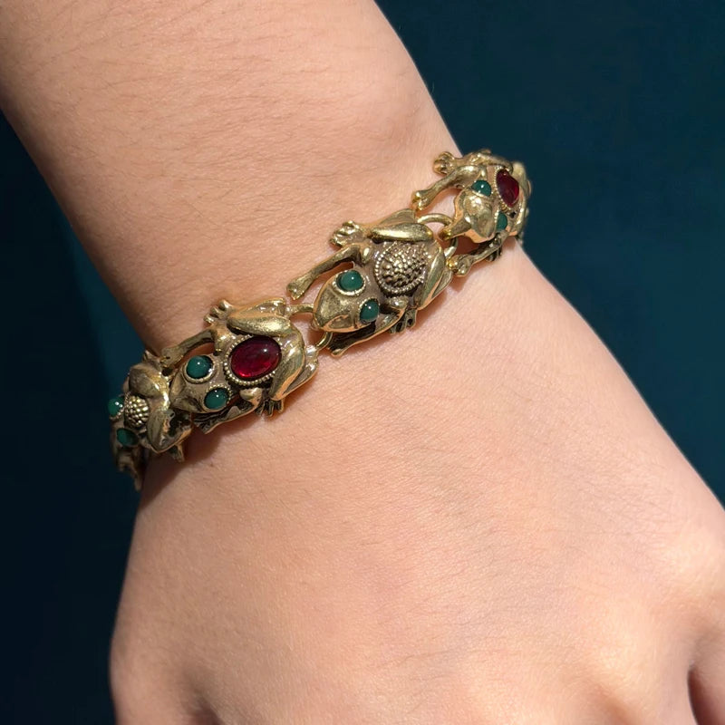 Lucky Toad Bracelets For Women Green Red Agate Antique Gold Color Charm 2025 Accessories Mothers Day Gift New