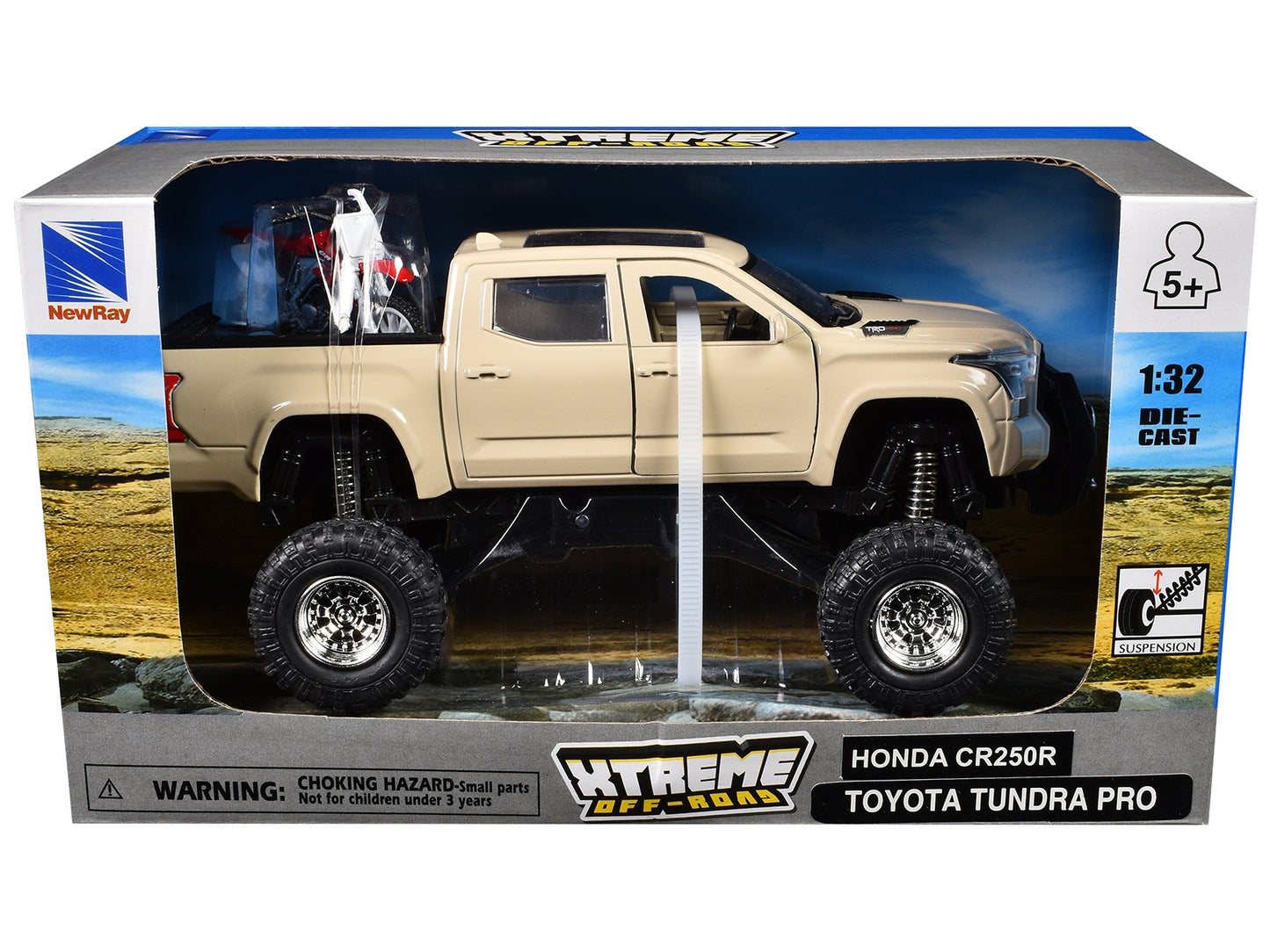 Toyota Tundra Pro pickup truck in tan and Honda CR250R motorcycle in red and white diecast models by New Ray, off-road series.