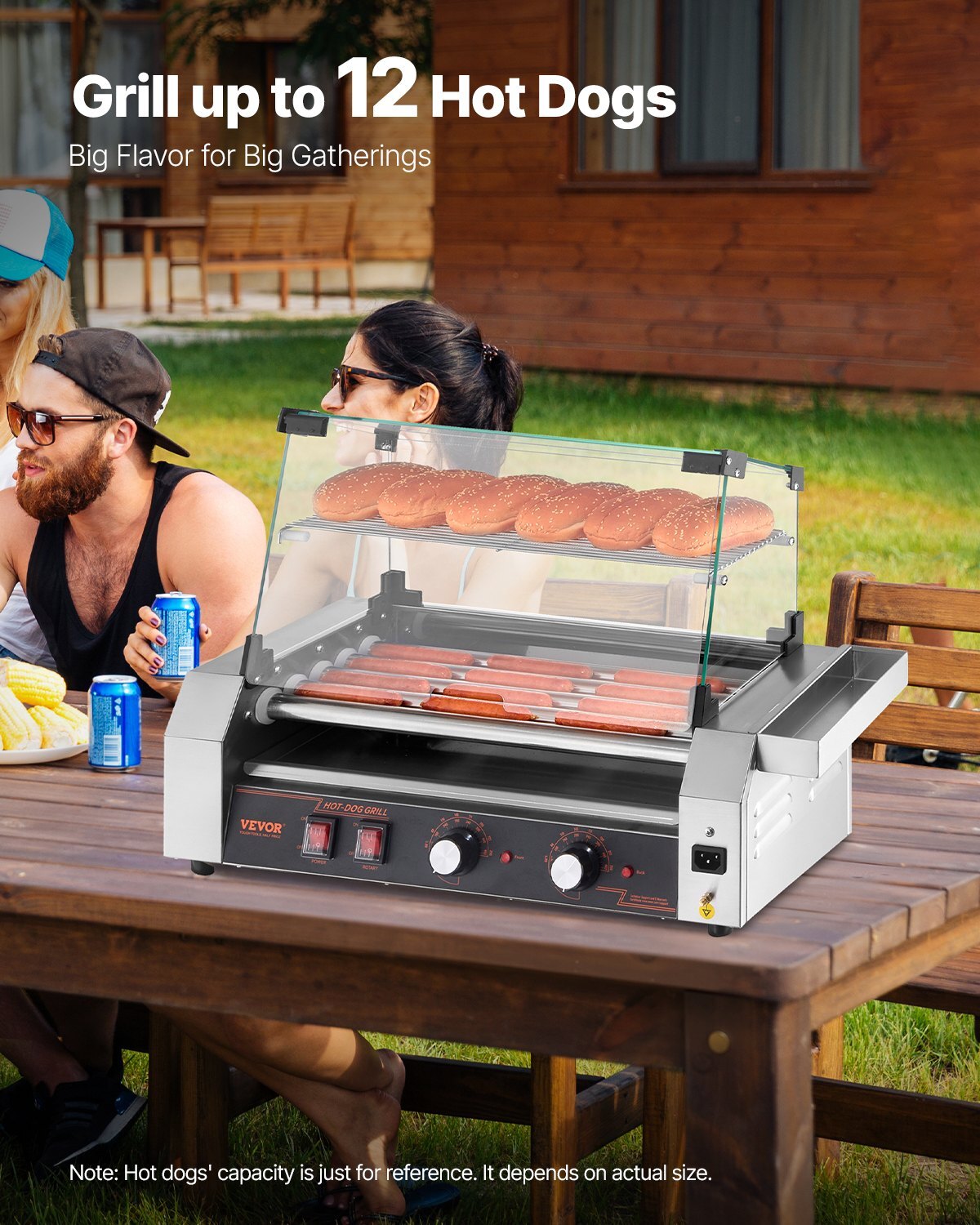 Hot Dog Roller, 12 Hot Dog 5 Rollers, Stainless Steel Sausage Grill Cooker, 750W Commercial Hot Dog Machine with Dual Temp Control, Cover, Side Storage Box, Removable Shelf & Oil Drip Tray - American Smart