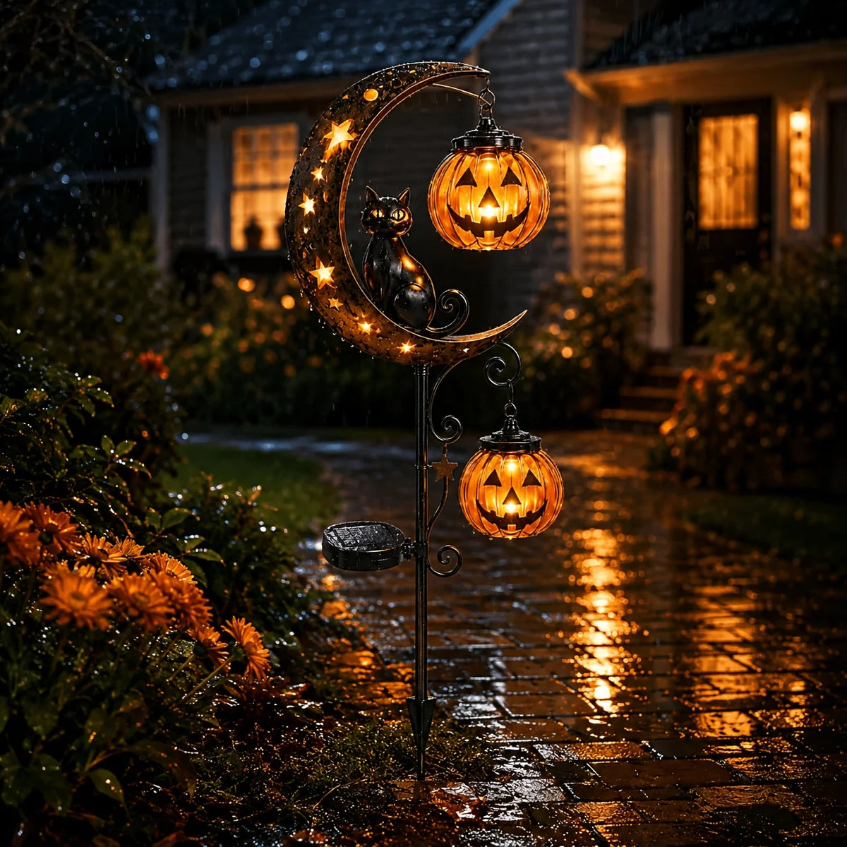 For Halloween Solar Garden Stake Lights, Crescent Moon Black Cat Double Pumpkin Lantern LED Path Light, Auto On/Off Warm Spooky Glow Jack O Lantern Yard Lawn Patio Decor, Rustic Iron Weather Resistant Outdoor Ornament for Hal