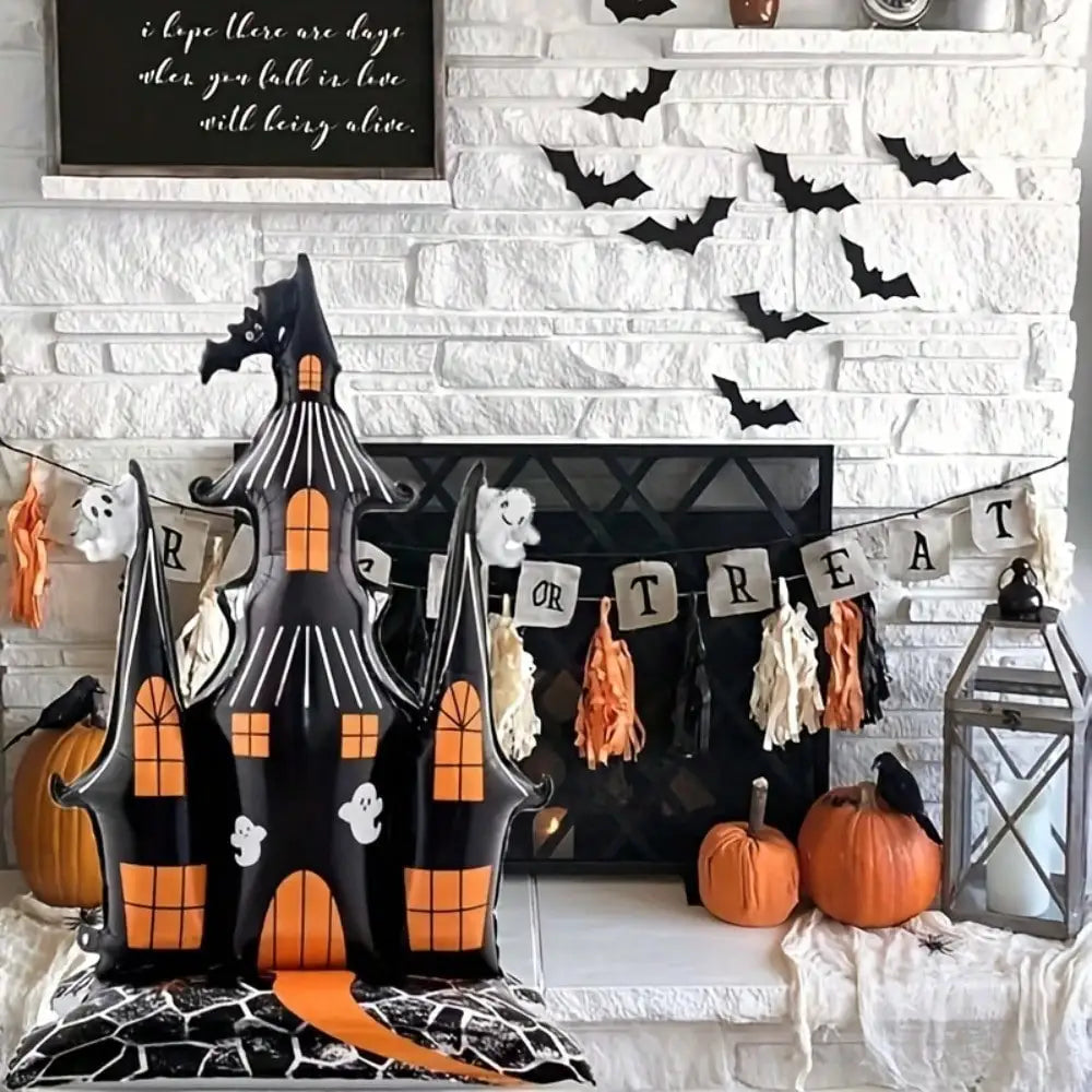 1pc Halloween Haunted Castle Foil Balloon, 59.06in Large Spooky Ghost Bat Castle Mylar Balloon, Halloween Party Table Centerpiece Decor Supplies