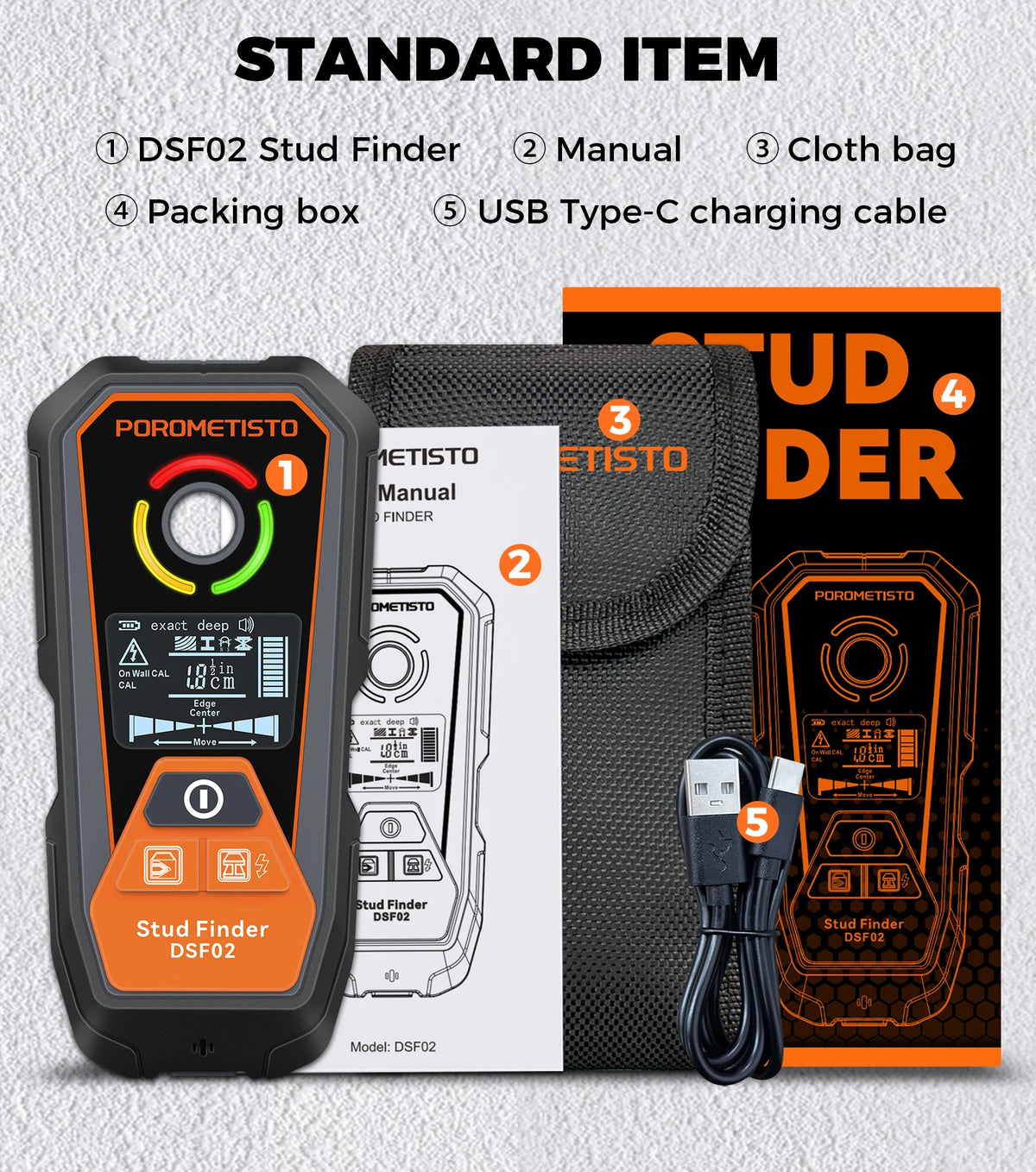 DSF02 6-in-1 Wall Scanner with Deep & Exact Modes, Type-C Rechargeable Stud Finder for Wood, Metal (Ferrous and Non-Ferrous), Live AC Wire, Pipe Detection, Depth Measurement, Auto-Calibration, Visual/Audible Alerts – Safe D