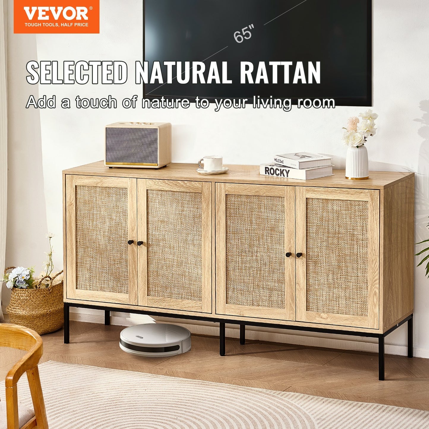 Rattan Cabinet, Rattan Storage Cabinet with 4 Magnetic Doors and Adjustable Shelves, Sideboard Buffet Cabinet for Hallway, Entryway, Living Room, or Kitchen, Natural