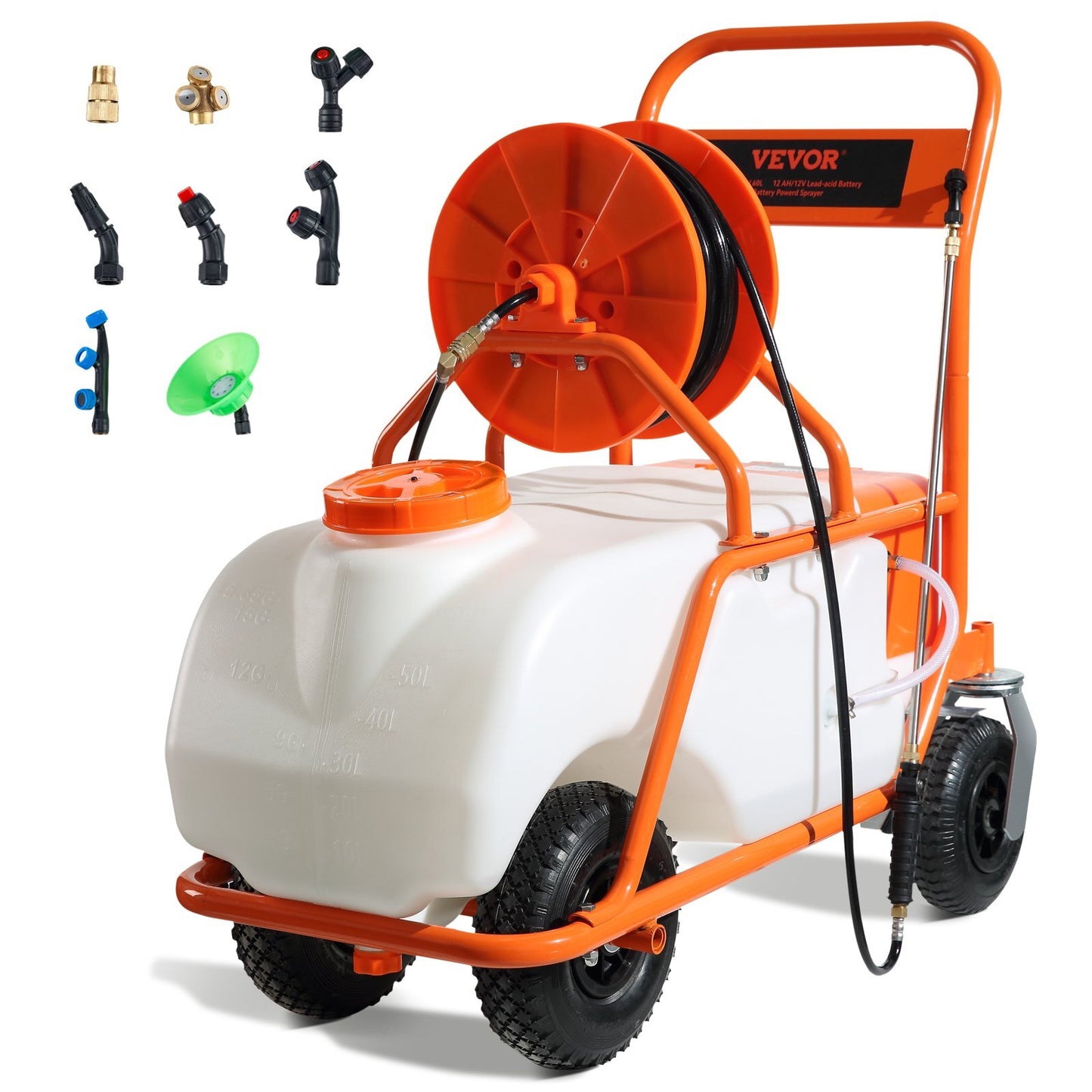 VEVOR 15-gallon battery-powered lawn sprayer on wheel with adjustable pressure, 8 nozzles, 2 wands, and wide mouth lid for gardening.