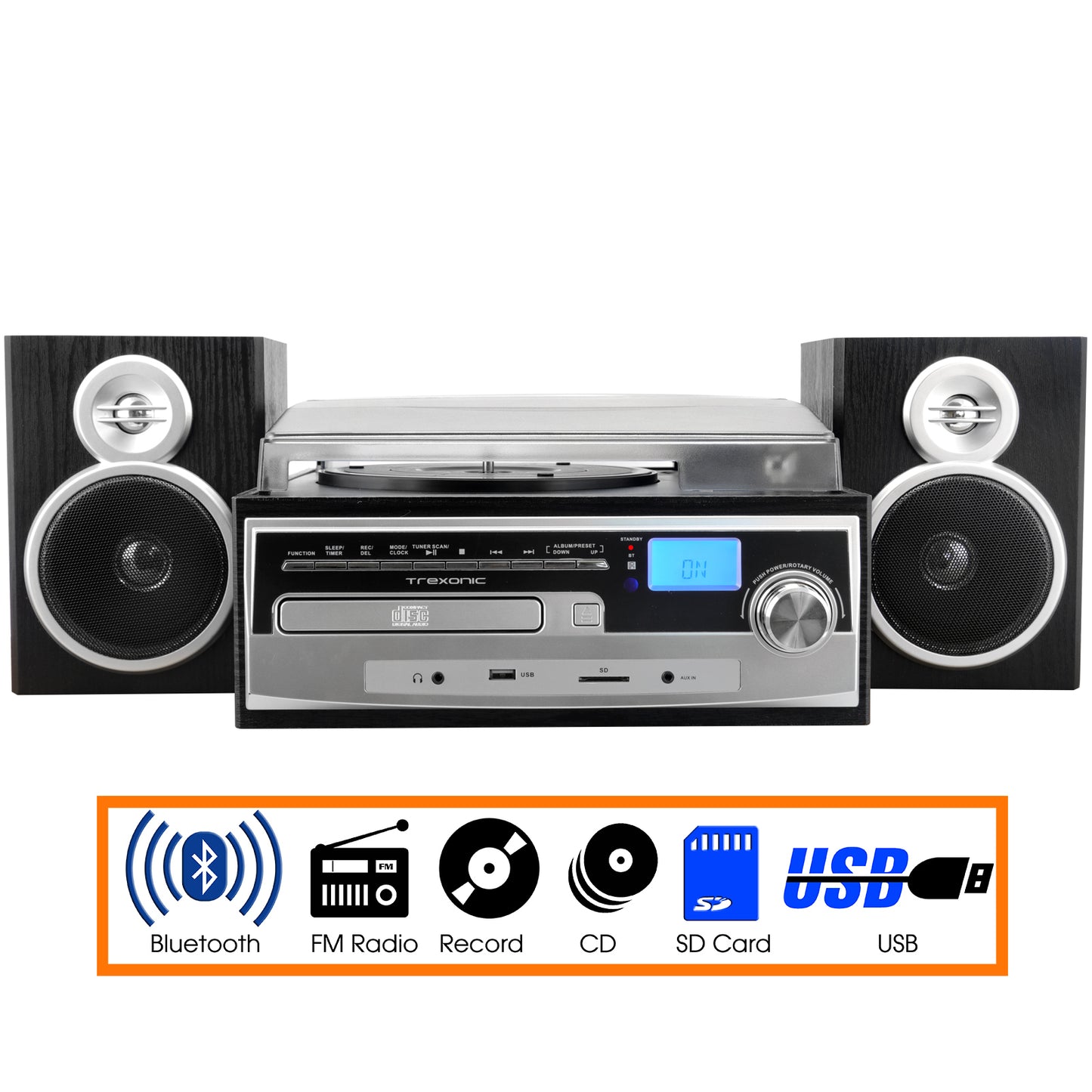 Trexonic 3-speed vinyl turntable home stereo system with CD player, FM radio, Bluetooth, USB/SD recording, and wired shelf speakers.