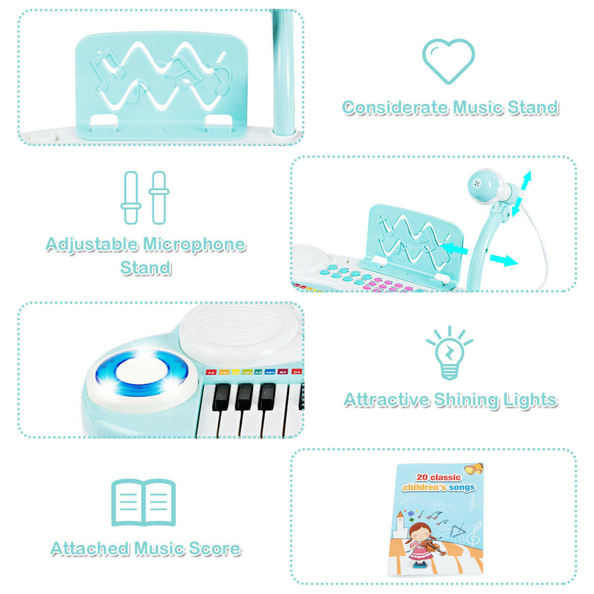 Multifunctional 37 Electric Keyboard Piano with Microphone-Blue - Color: Blue